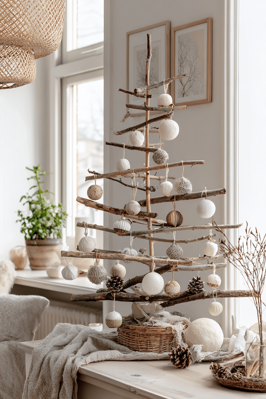 Ein minimalistischer Weihnachtsbaum aus gesammelten Ästen geschmückt mit weißen Kugeln.