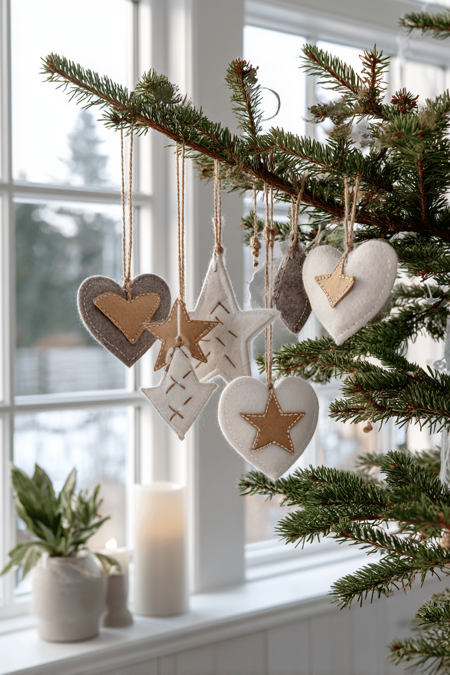 Skandinavischer Weihnachtsschmuck aus Filz in Herz- und Sternformen an einem Tannenzweig.