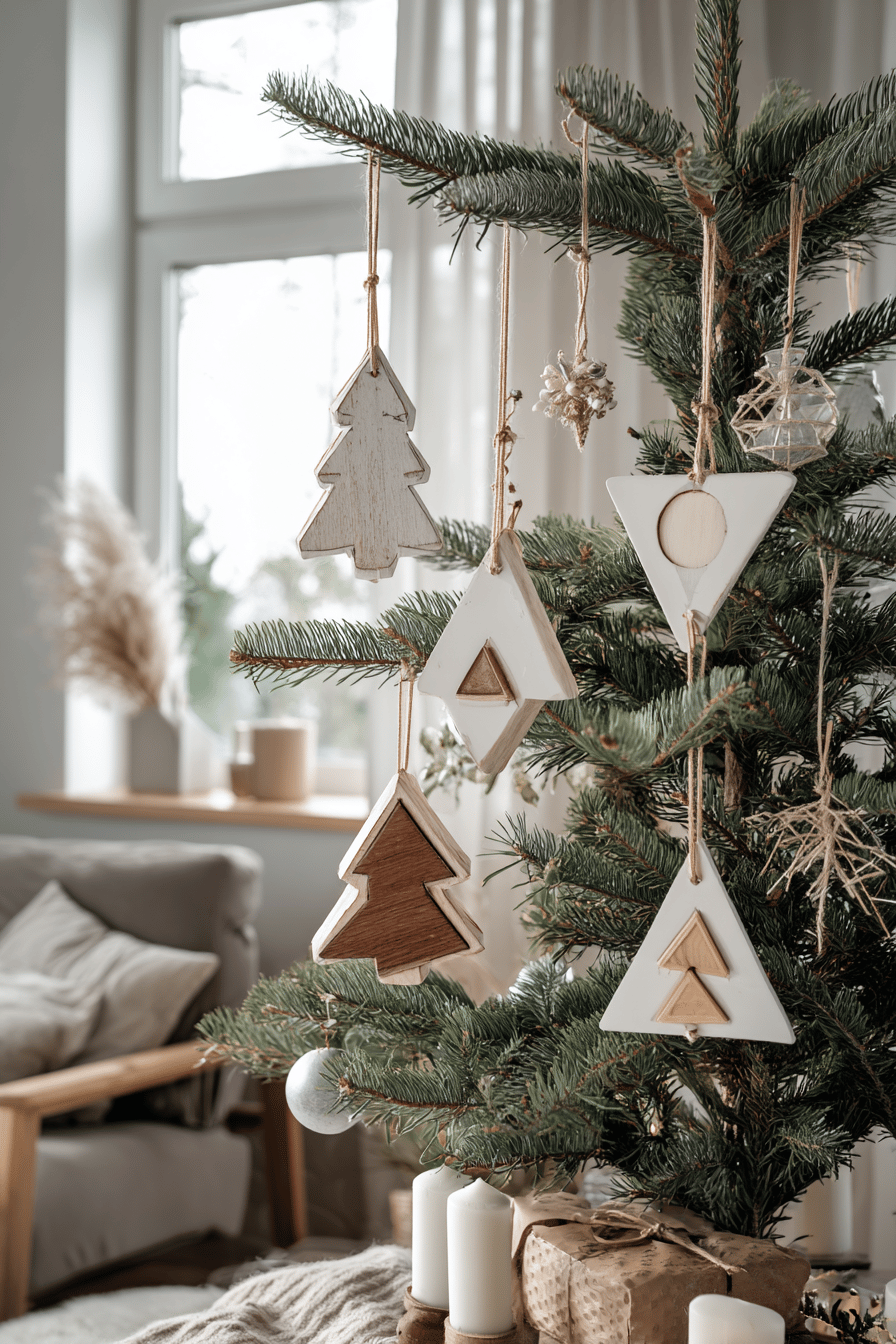 Weihnachtsbaum mit schlichten geometrischen Metallanhängern in Form von Bäumen und Dreiecken.