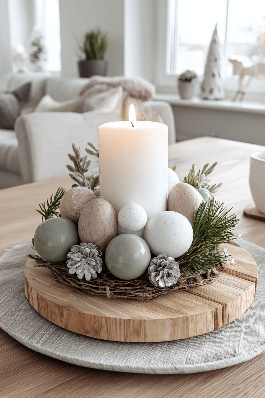 Ein skandinavisch inspirierter Kerzenhalter aus Holz auf einem Tisch, umgeben von Tannenzweigen und Dekorationen.