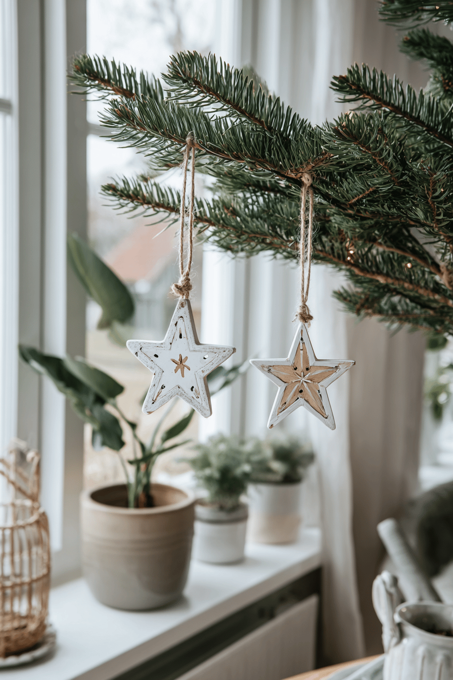 Zwei hölzerne Sterne hängen an einem Tannenzweig vor einem Fenster.
