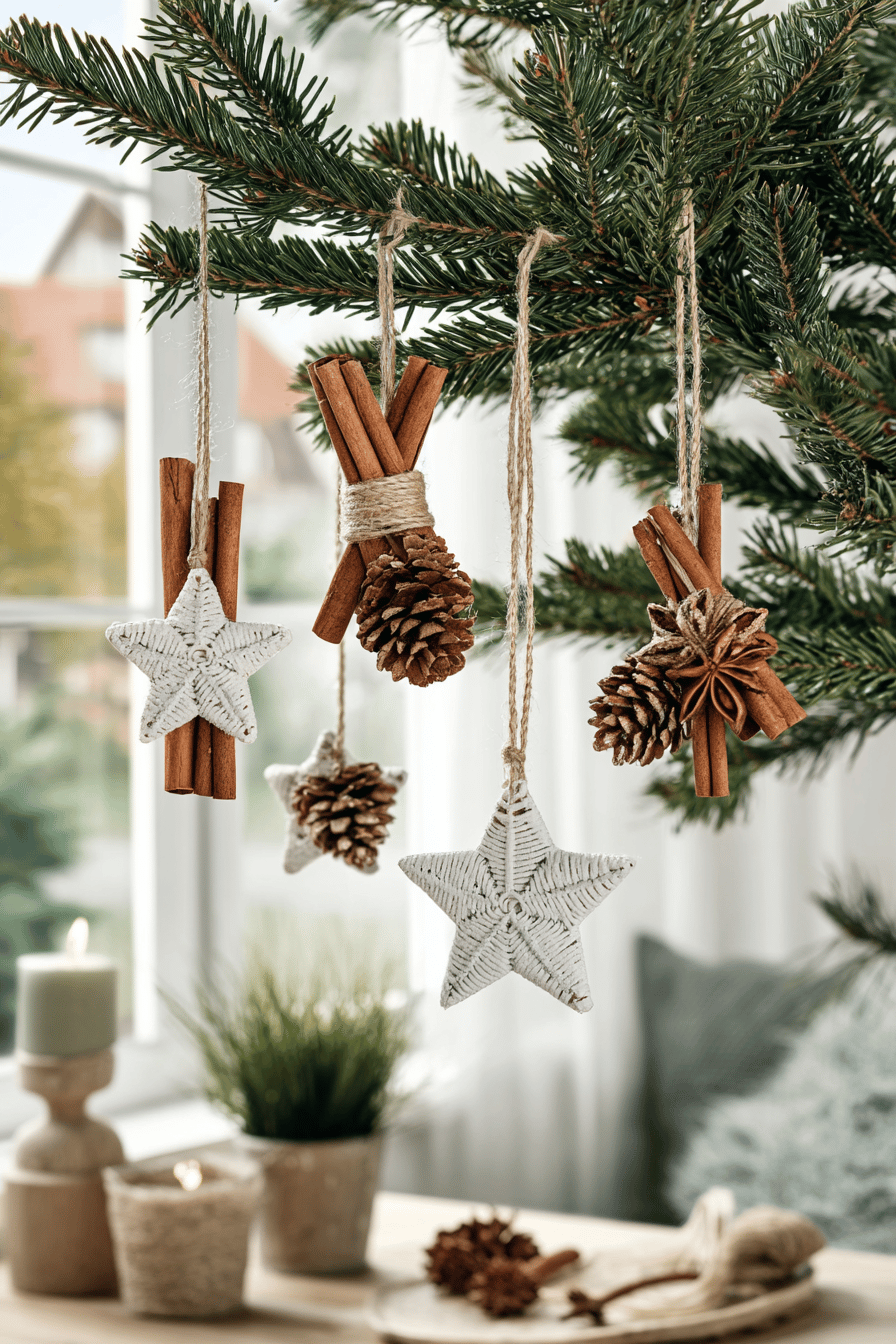 Skandinavische Weihnachtsschmuck-Ornamente aus Zimtstangen und Holzsternen, die an einem Tannenzweig hängen.