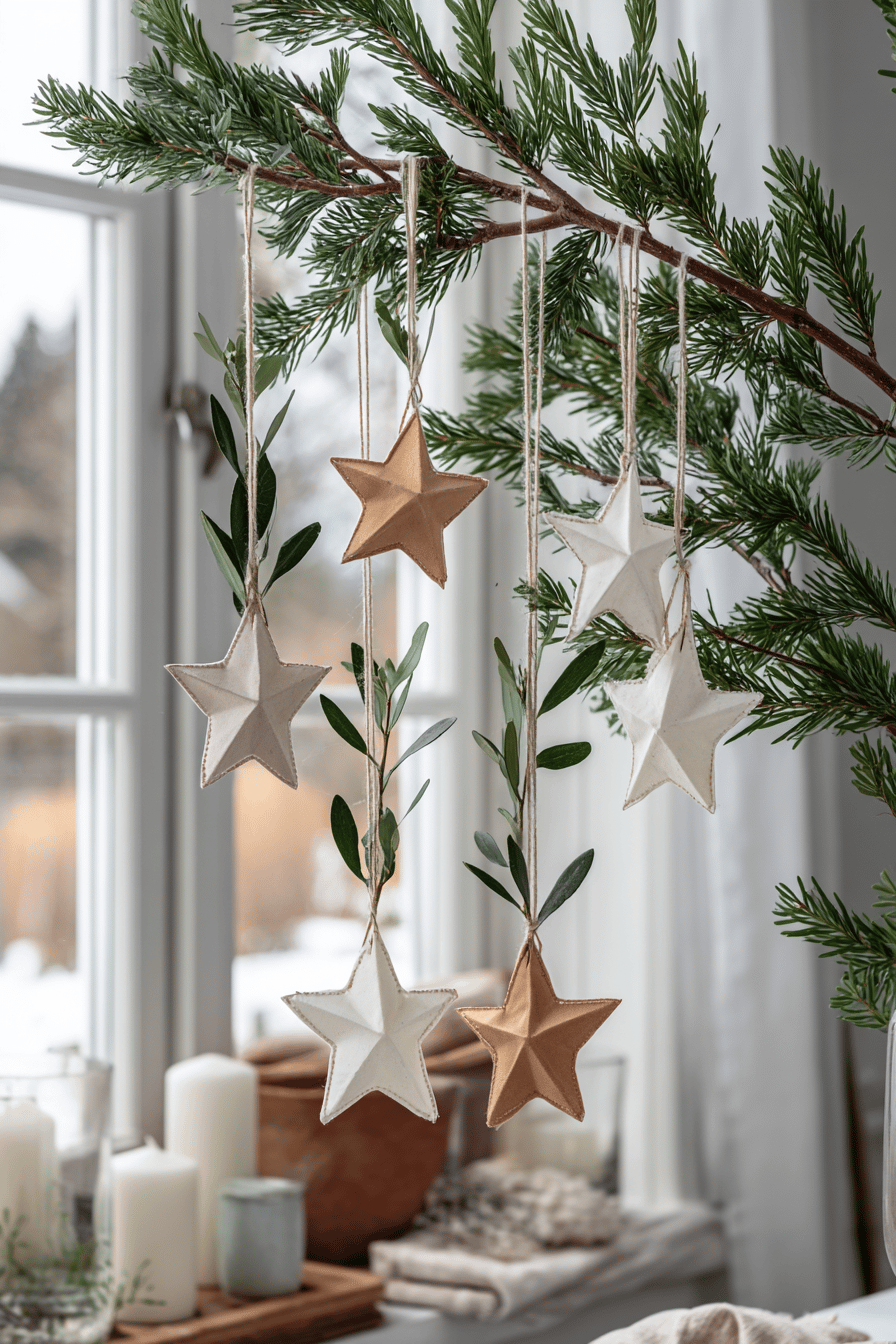 Nahaufnahme von minimalistischem skandinavischem Weihnachtsschmuck mit Papiersternen an einem Tannenzweig.