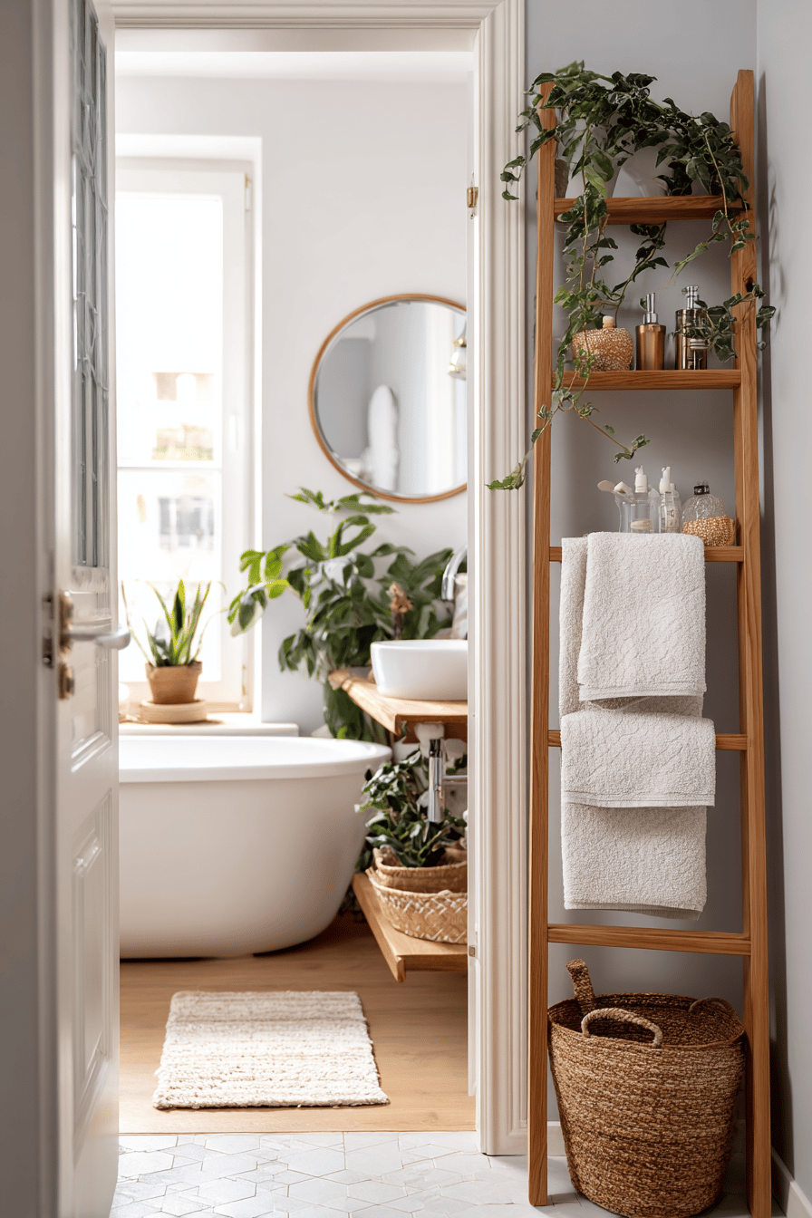 Skandinavisches Bad mit freistehender Badewanne, Holzregal und Zimmerpflanzen