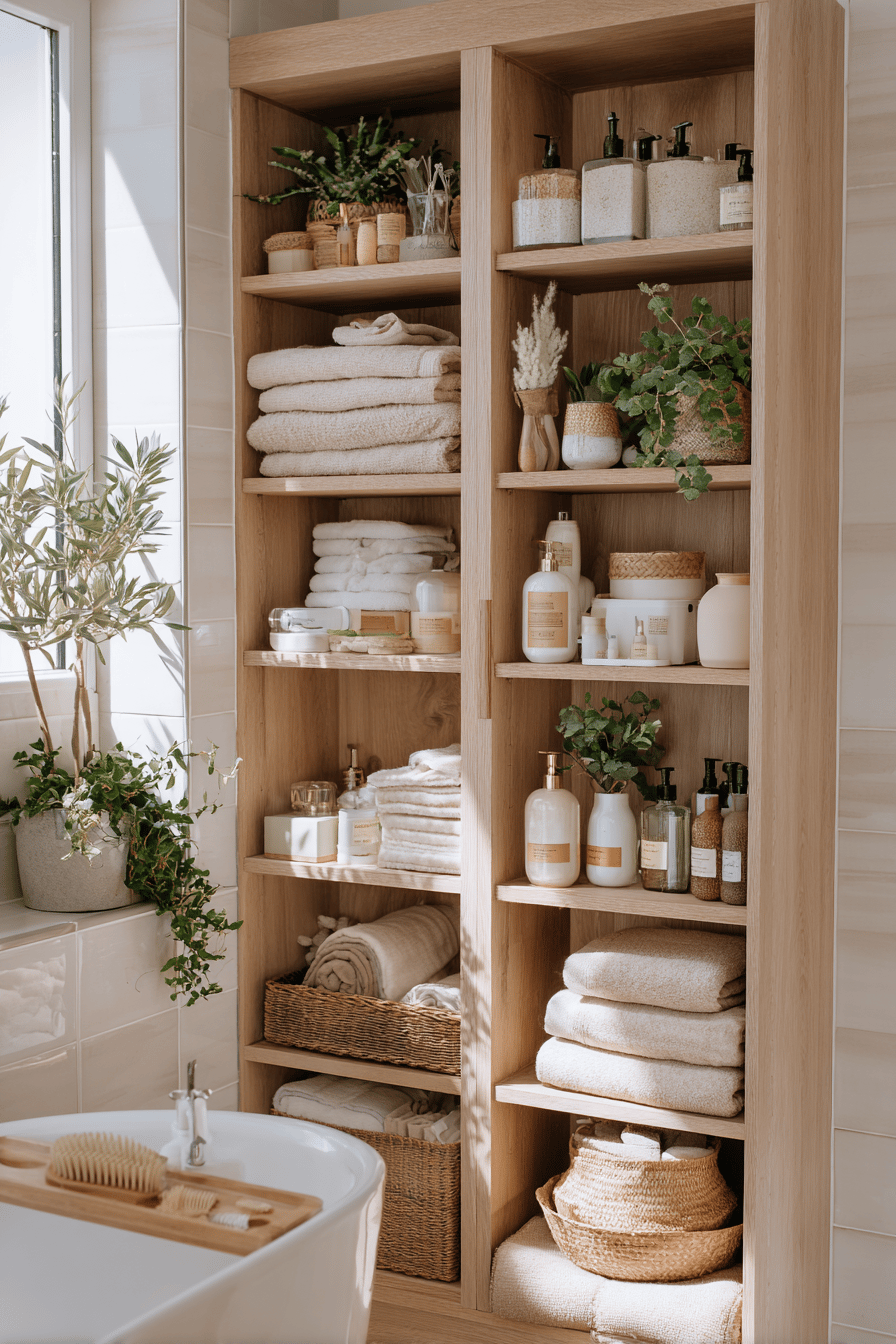 Offenes Regal aus hellem Holz im Badezimmer, gefüllt mit Handtüchern, Pflegeprodukten, Körben und Pflanzen im skandinavischen Stil.