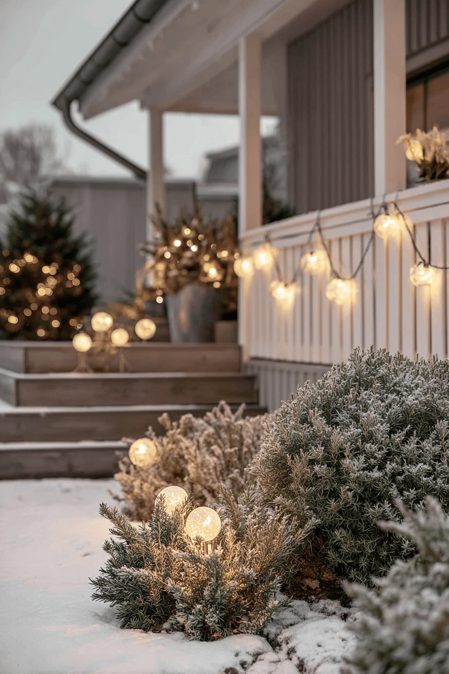 Solarbetriebene Kugelleuchten im verschneiten Vorgarten mit Lichterkette am Geländer
