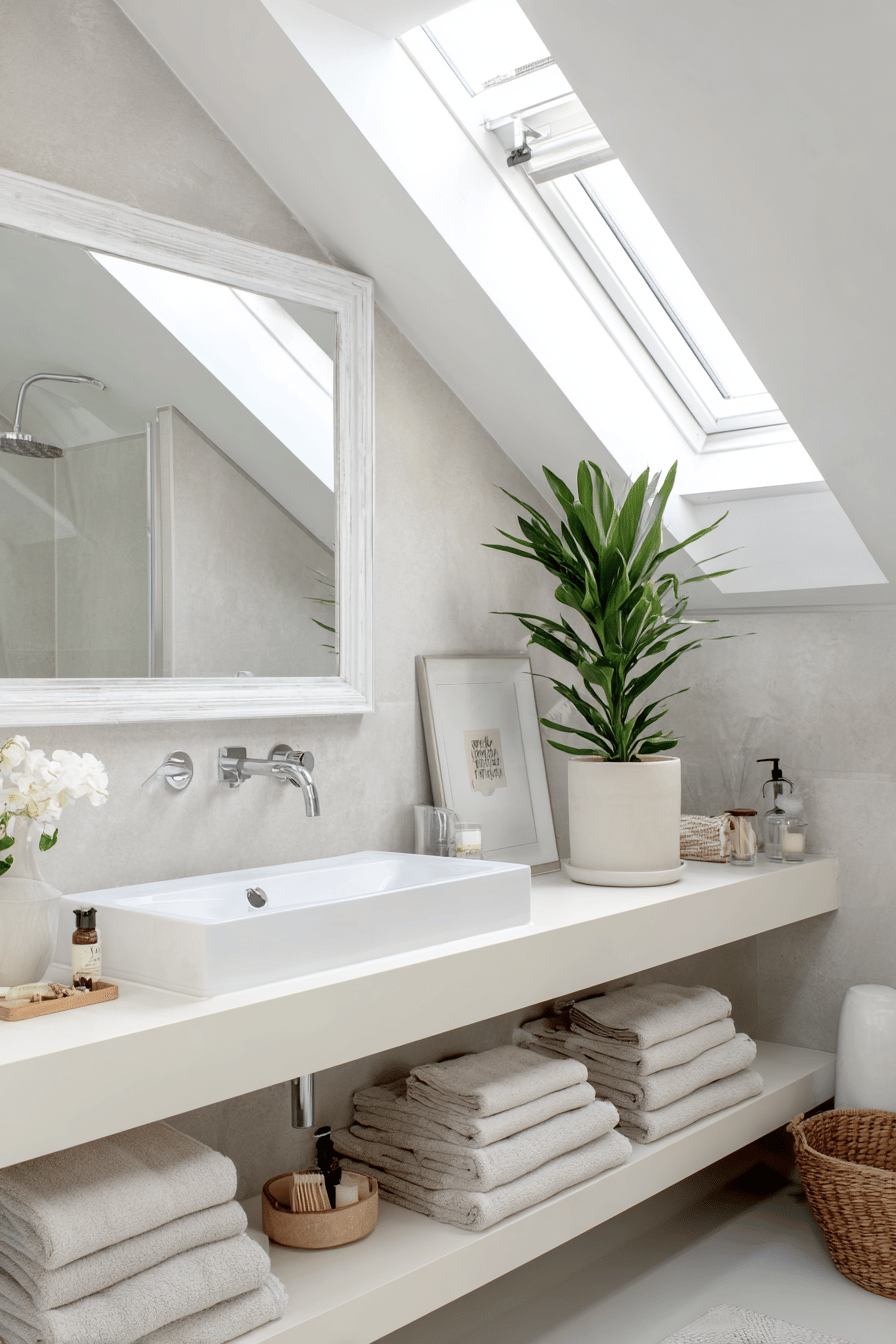 Großer Spiegel längs unter einer Dachschräge im modernen Badezimmer