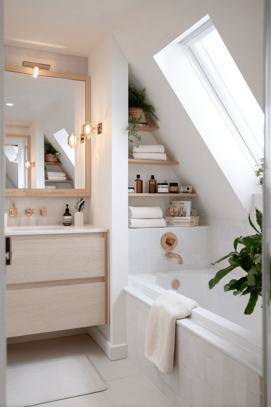 Modernes Bad mit Dachschräge, maßgefertigtem Spiegelschrank und Holzregalen