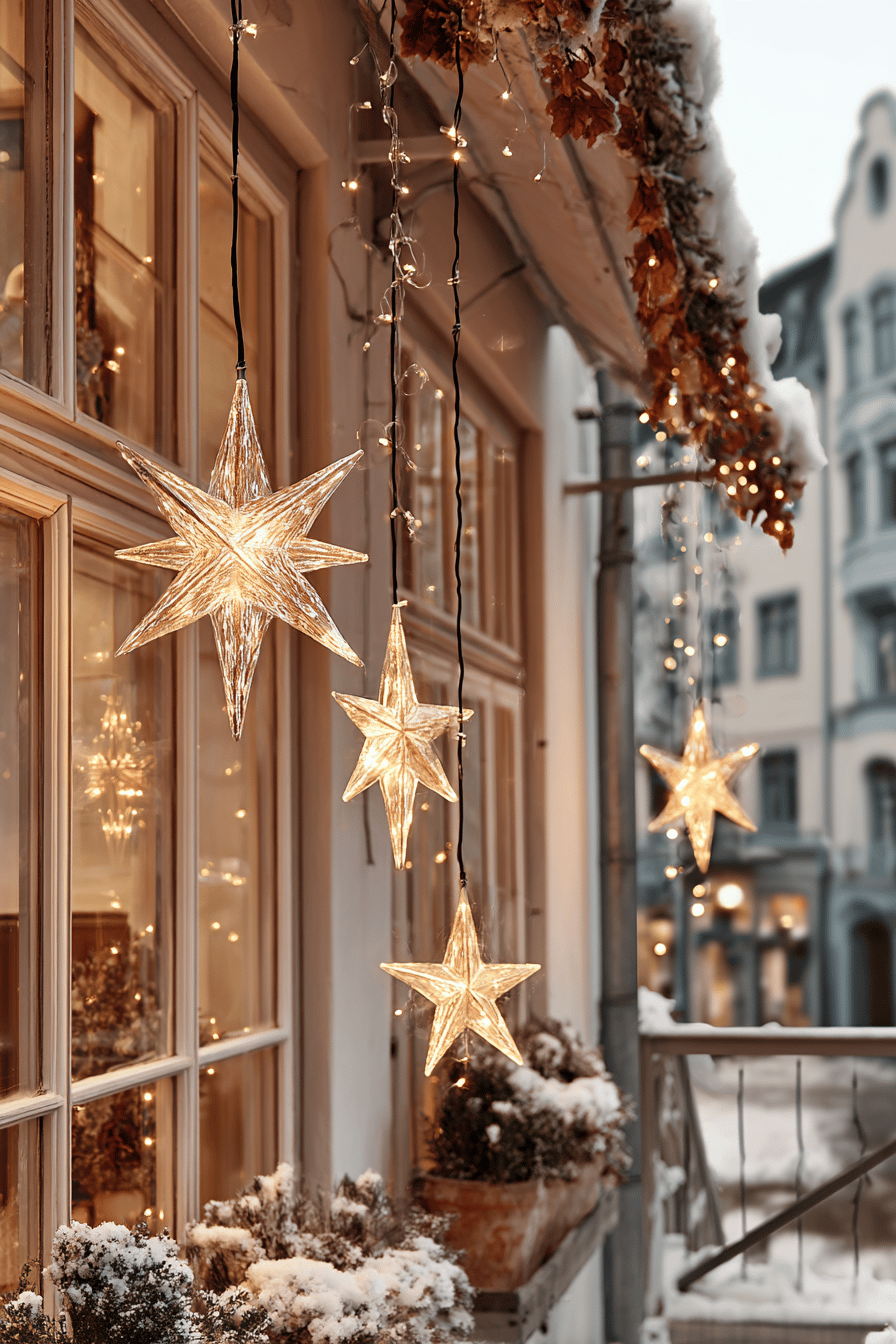 Leuchtende Weihnachtssterne außen an einem verschneiten Haus