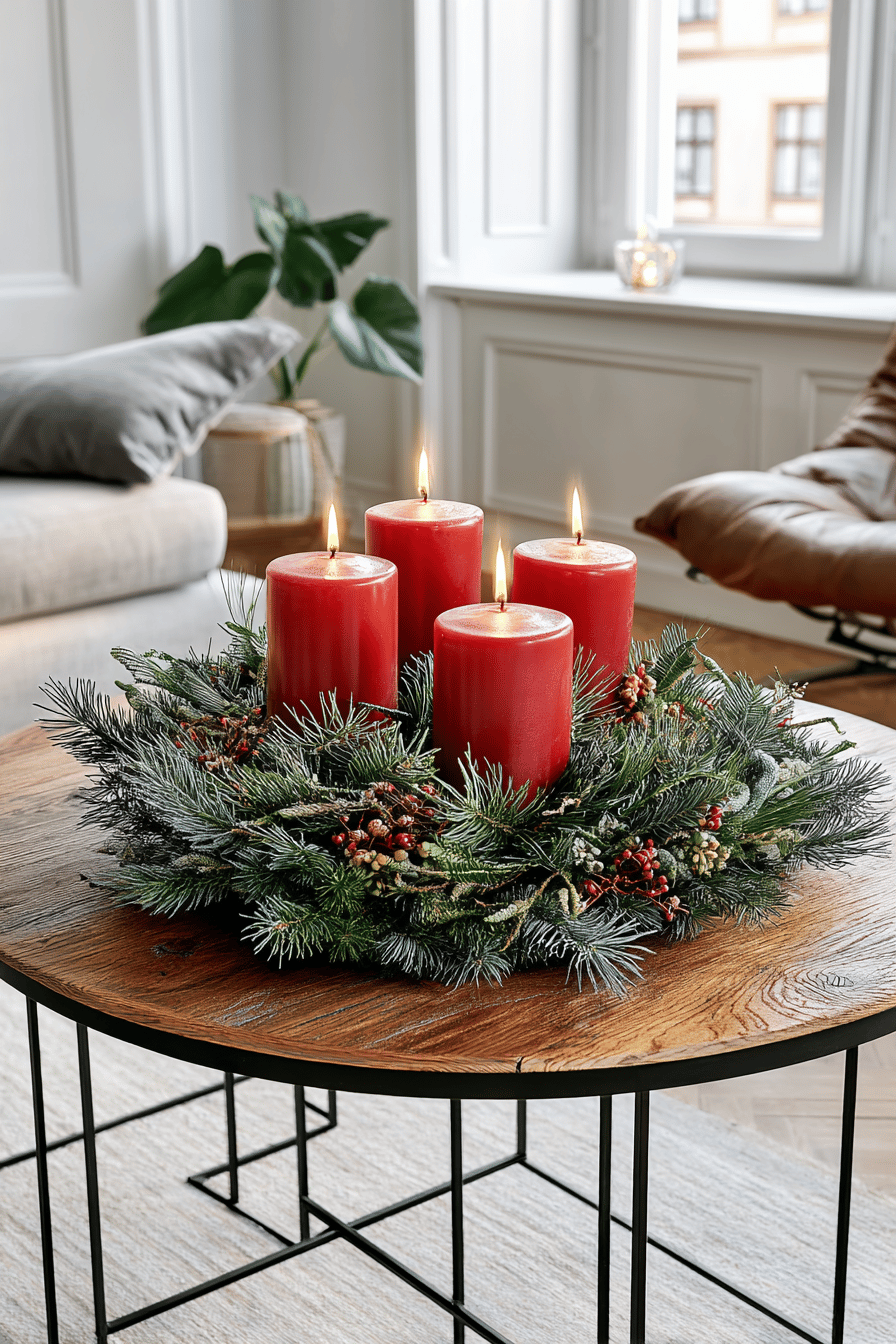 Weihnachtlicher Tannenkranz mit vier roten Kerzen auf einem Holztisch in einem gemütlichen Wohnzimmer.