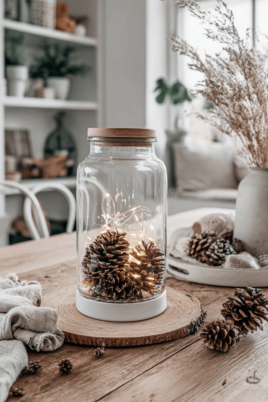 Ein großes Einmachglas mit Tannenzapfen und einer warmen Lichterkette auf einem Holztisch.