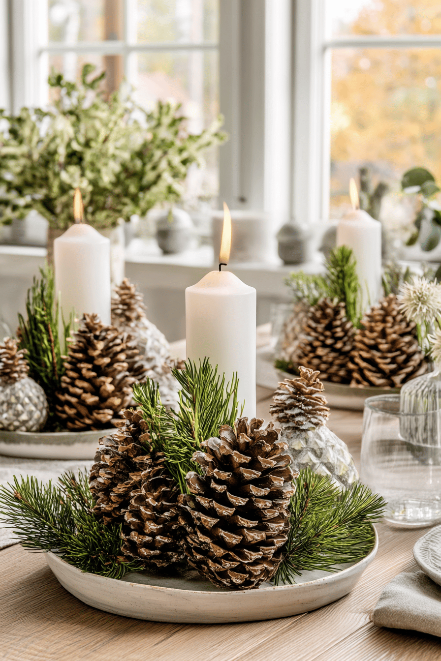Festlich gedeckter Weihnachtstisch mit Tannenzapfen und Kerzen.