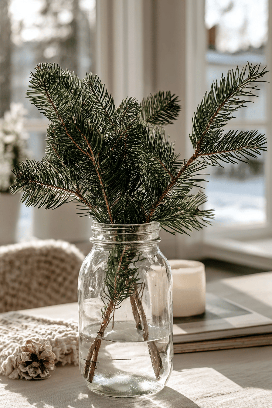 Einmachglas mit Tannenzweigen als minimalistischer Tischschmuck.