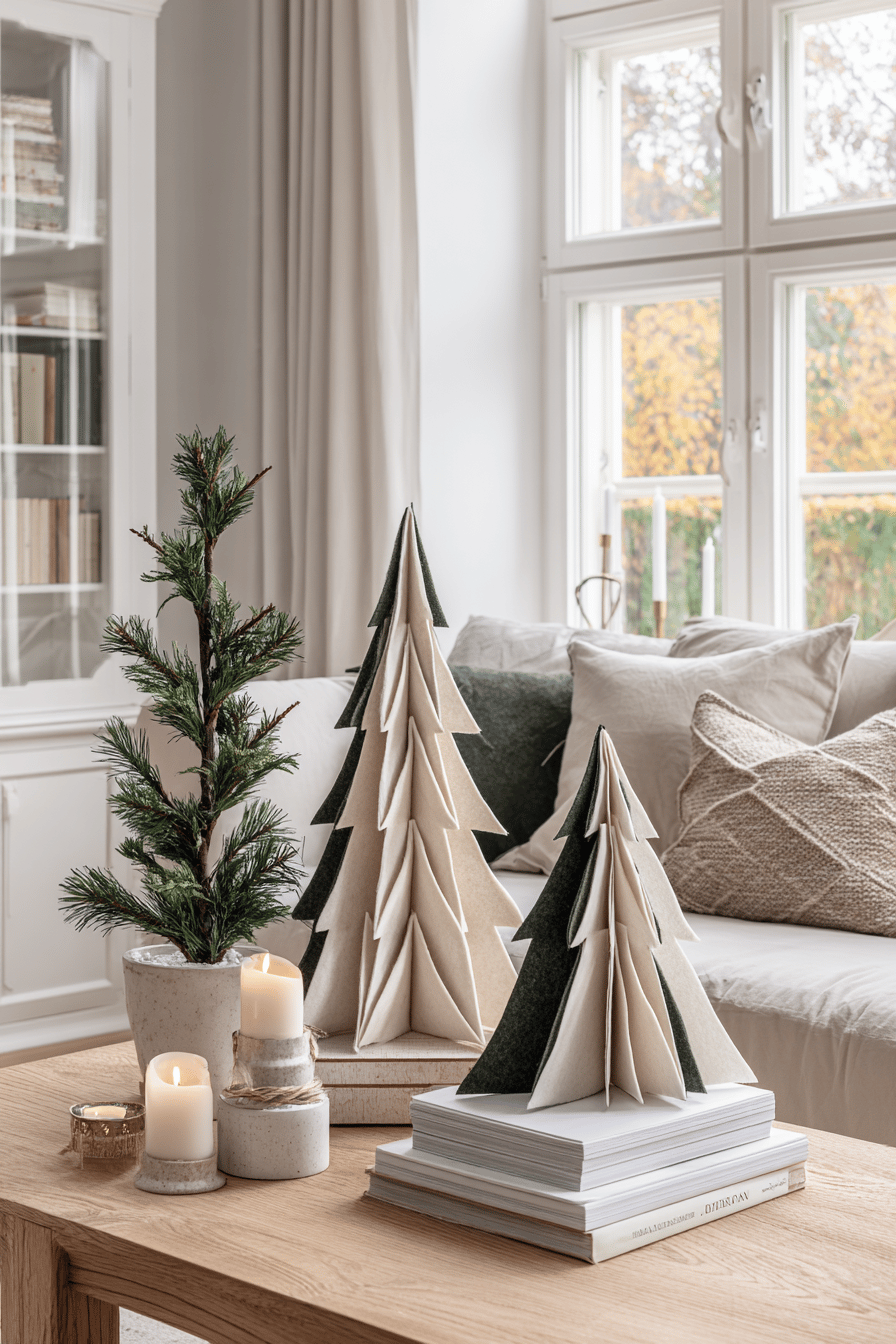 Textile Weihnachtsbäume aus Filzresten auf einem Tisch, umgeben von kleinen Kerzen und einer kleinen Kiefernpflanze.