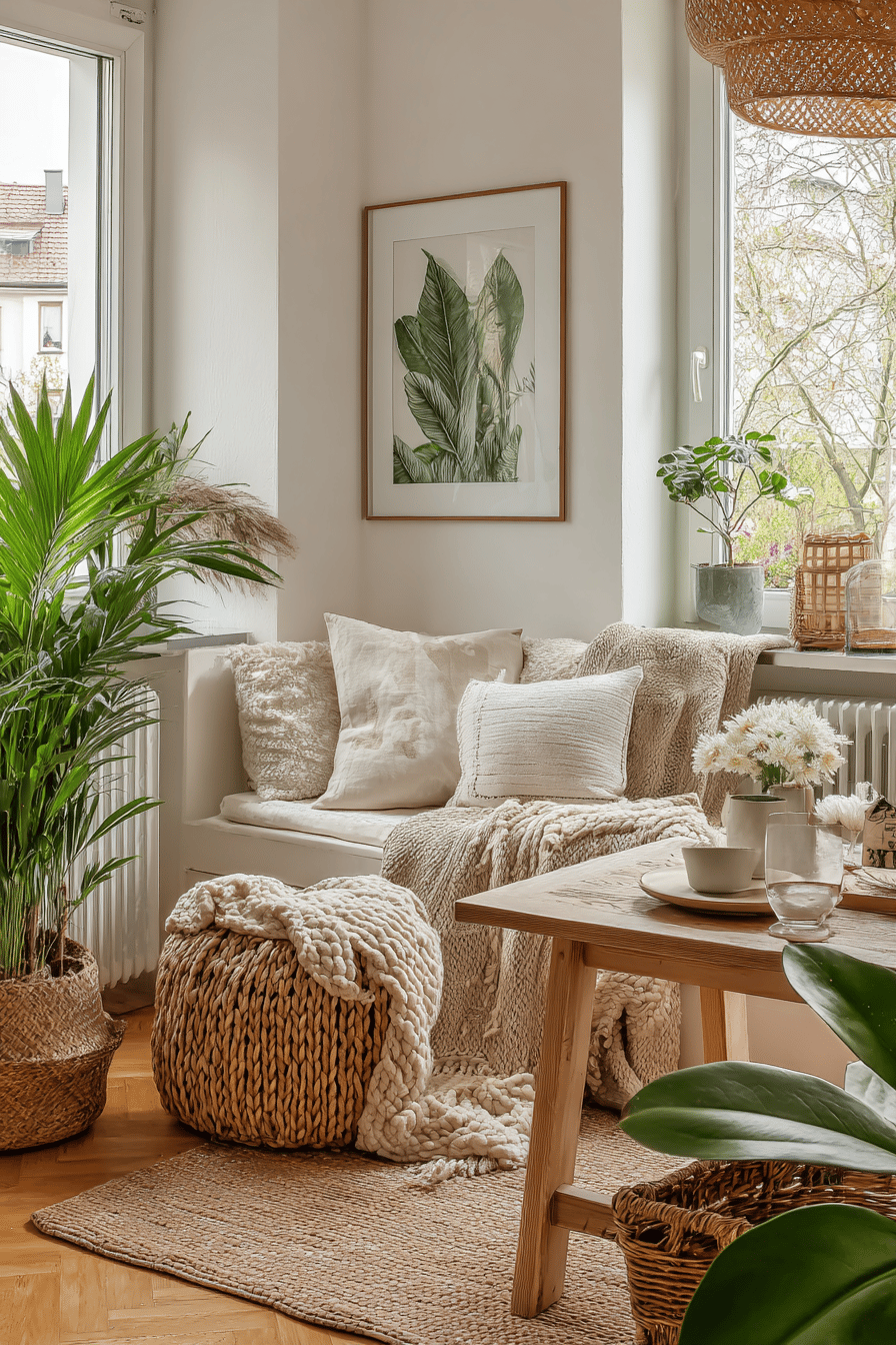 Ein gemütlicher Raum mit weichen Textilien, Pflanzen und einem Holztisch.