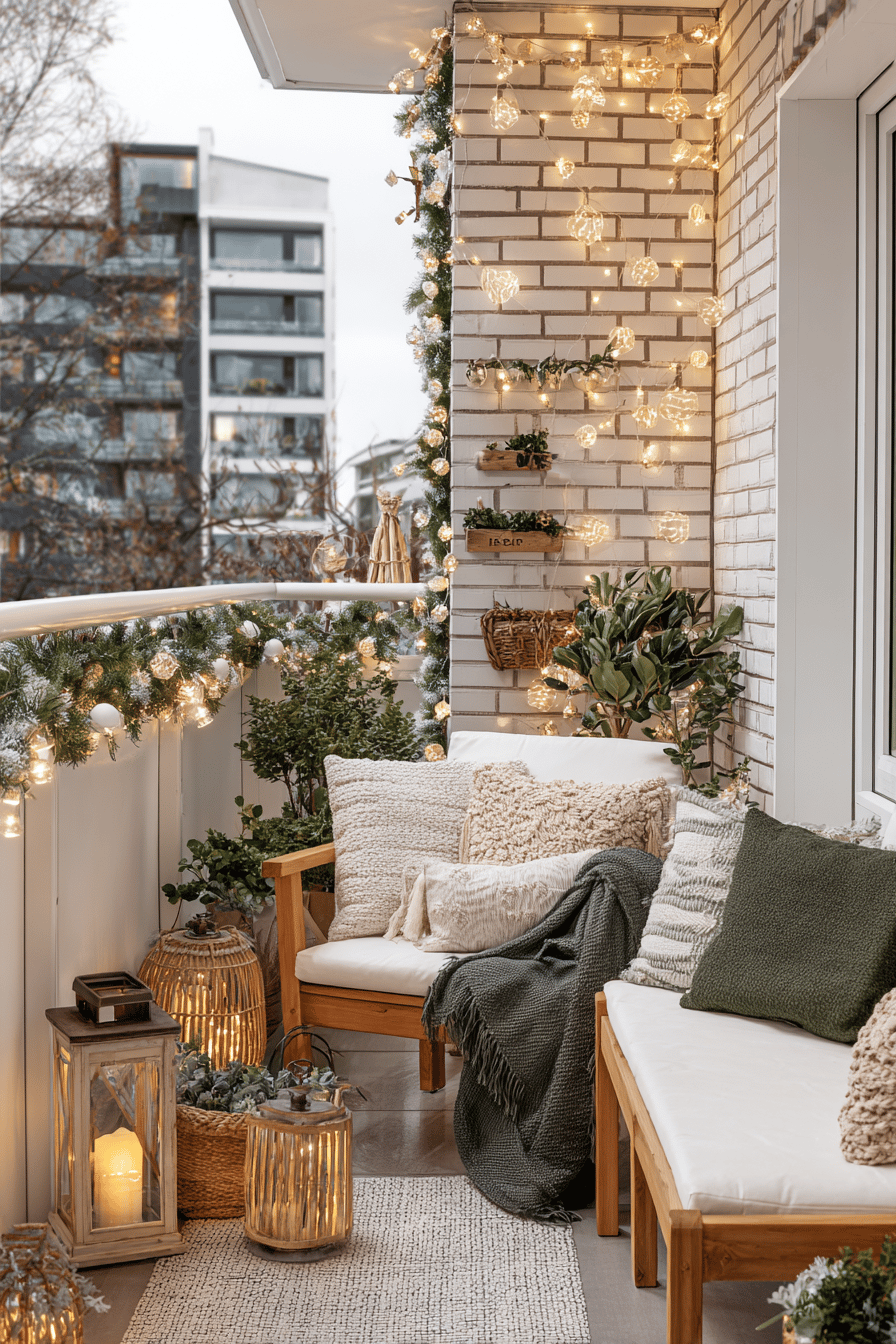 Weihnachtlich dekorierter Balkon mit gemütlichem Sitzbereich, Lichterketten und Tannengirlanden