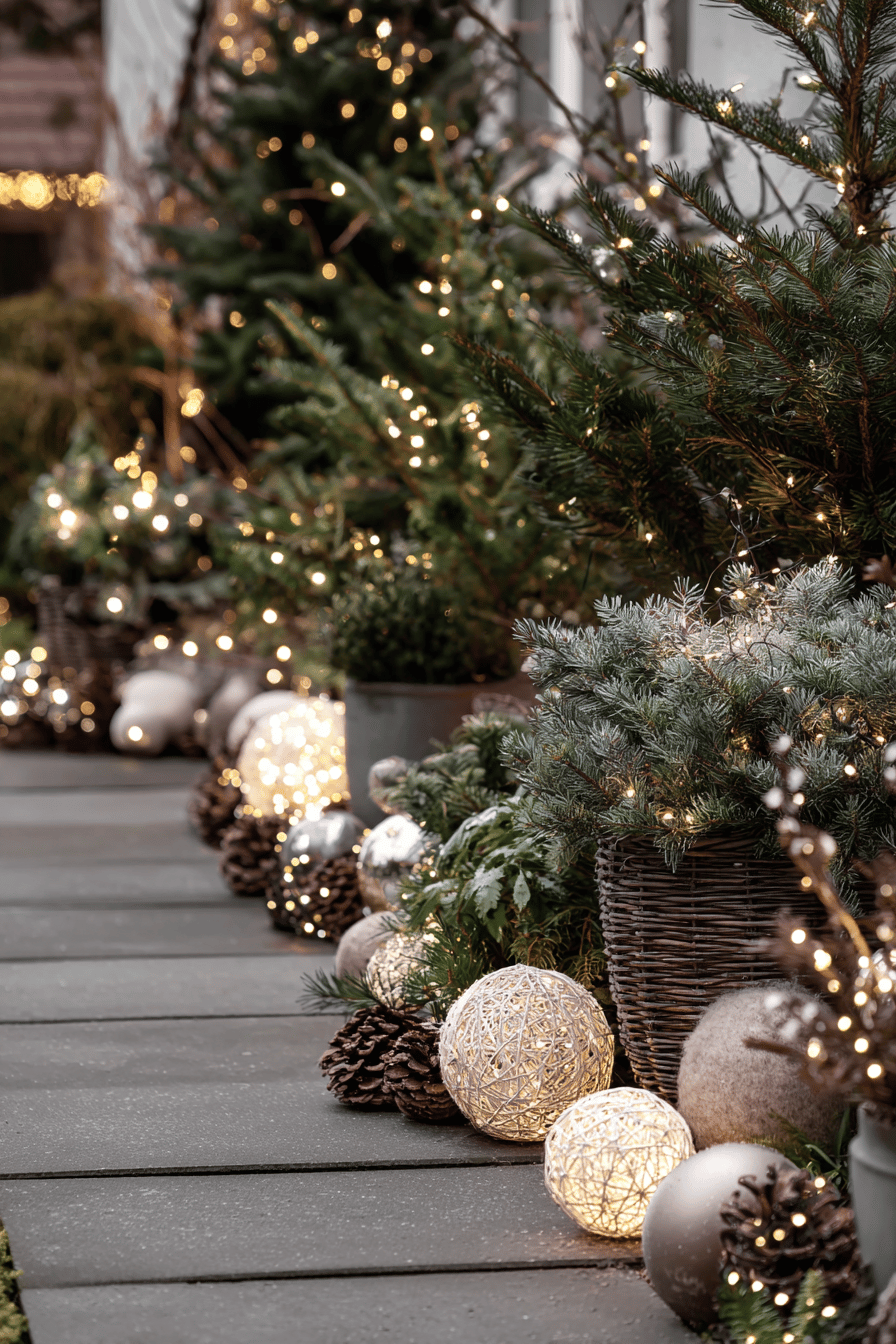 Weihnachtlich dekorierter Gartenweg mit Tannenzweigen, beleuchteten Kugeln und Lichterketten