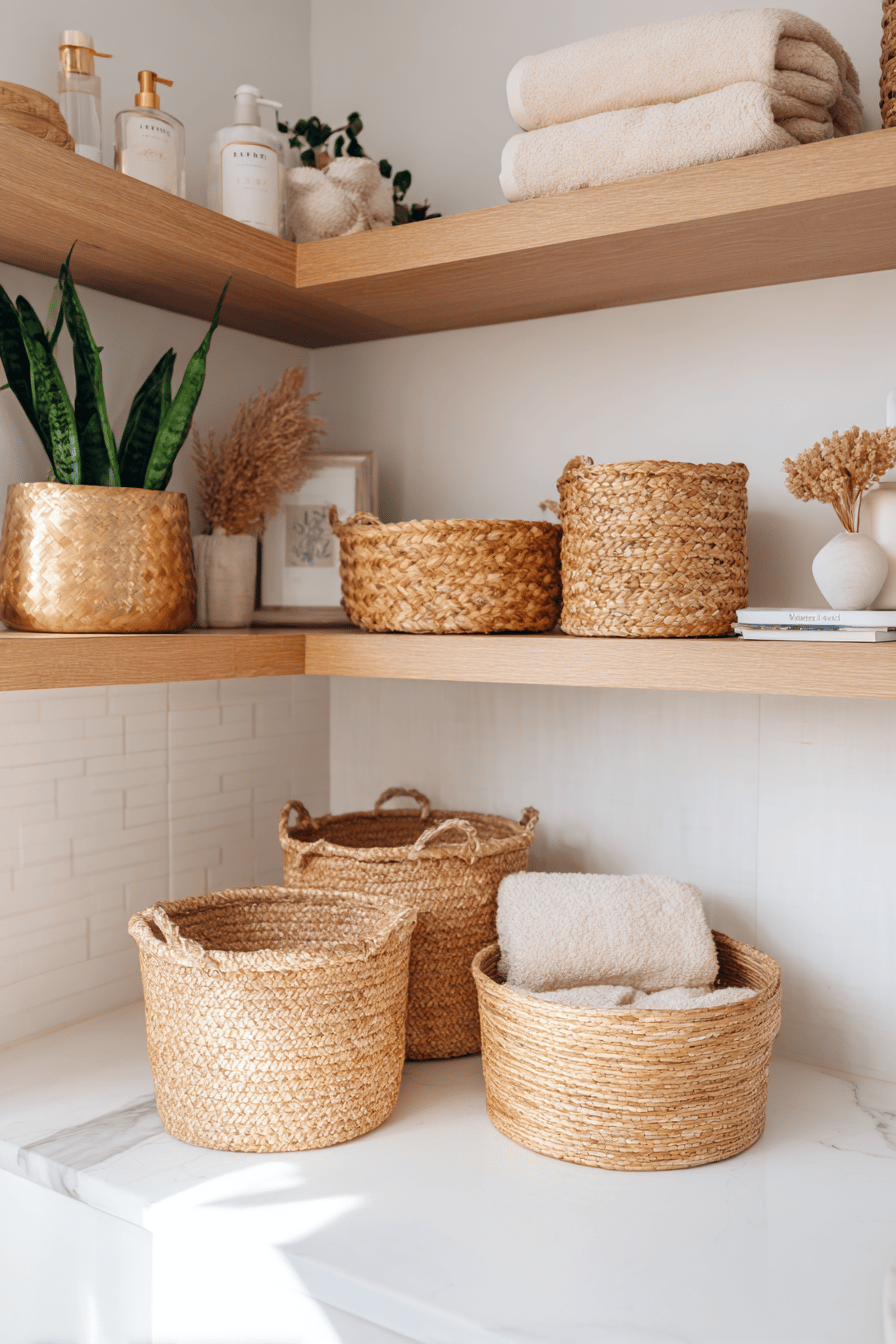 Geflochtene Körbe aus Naturfasern in einem hellen, skandinavisch eingerichteten Badezimmer