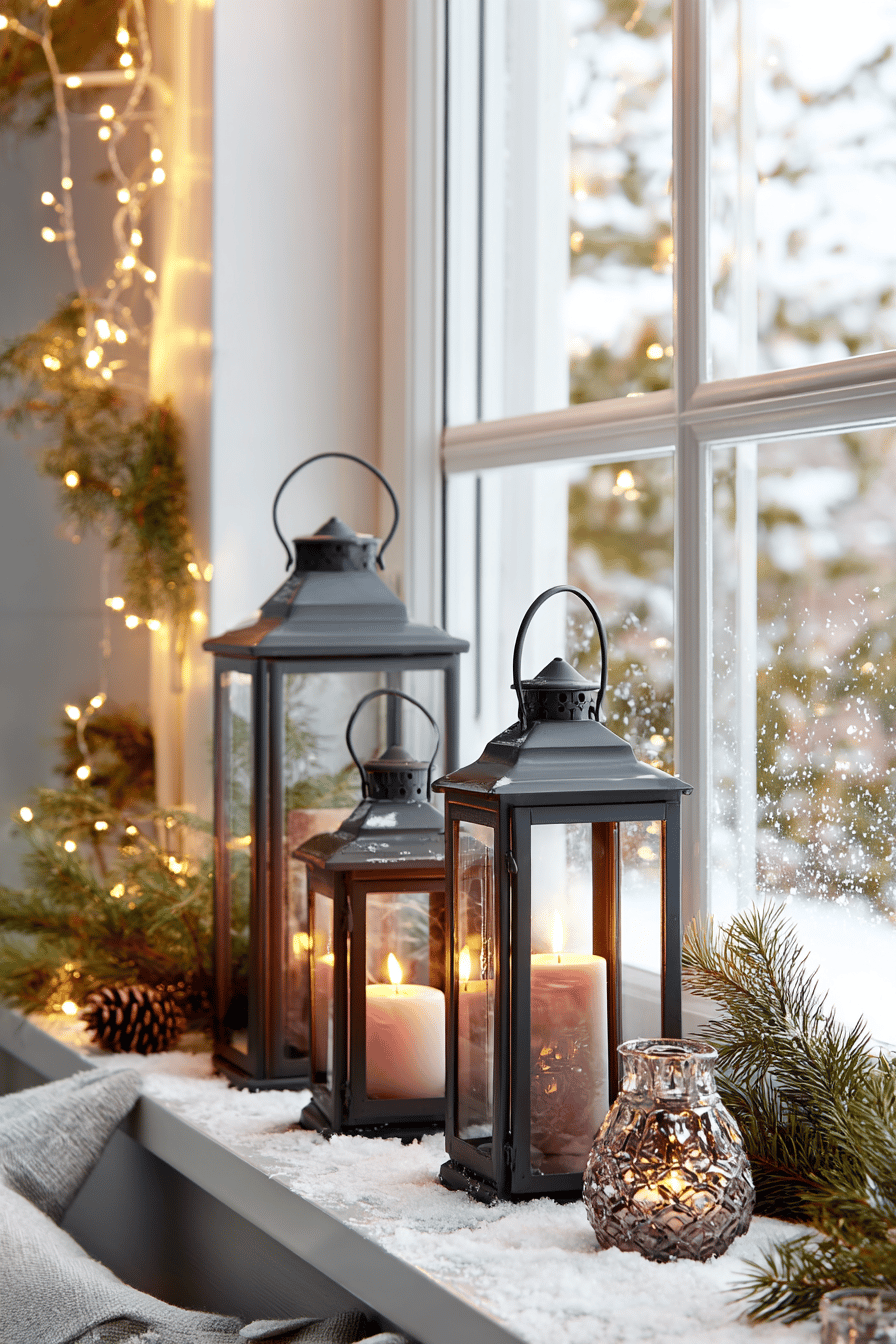 Mehrere schwarze Laternen mit Kerzen stehen stimmungsvoll beleuchtet auf einer verschneiten Fensterbank außen, dekoriert mit Tannenzweigen und Lichterketten.