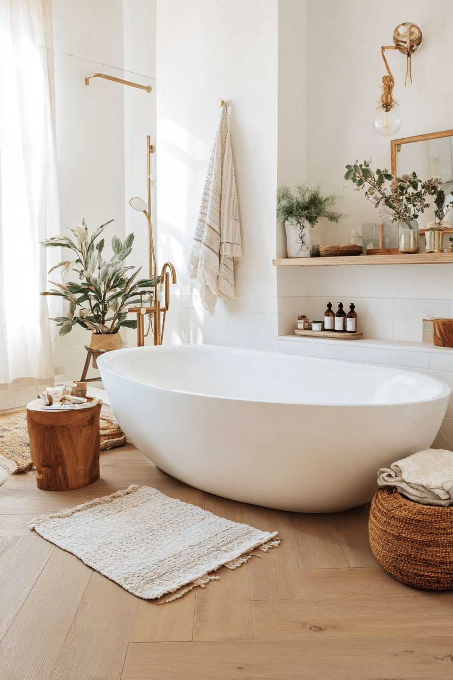Freistehende weiße Badewanne in einem skandinavisch eingerichteten Badezimmer mit warmen Holztönen und natürlichen Textilien