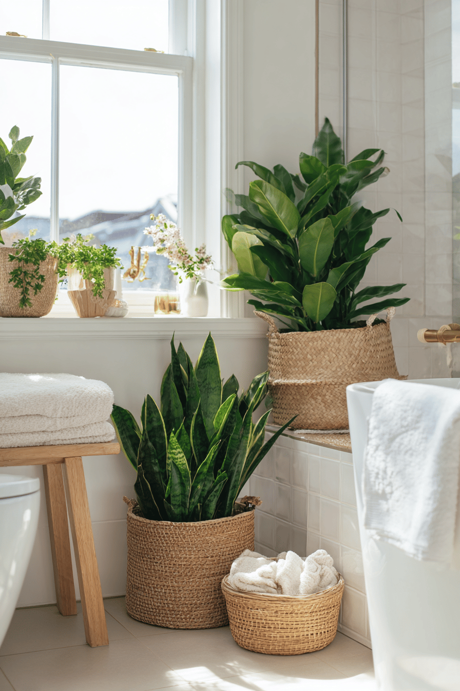 Helles Badezimmer im skandinavischen Stil mit grünen Pflanzen in geflochtenen Körben vor einem Fenster