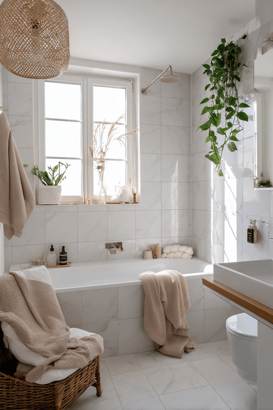 Helles skandinavisches Badezimmer mit weißen und grauen Fliesen, natürlichen Accessoires und Pflanzen