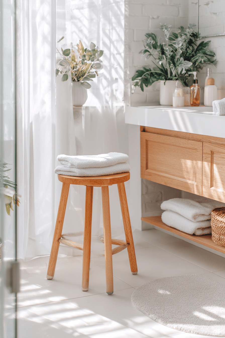 Heller Holz-Hocker mit weißen Handtüchern in einem skandinavischen Badezimmer voller Tageslicht und Pflanzen
