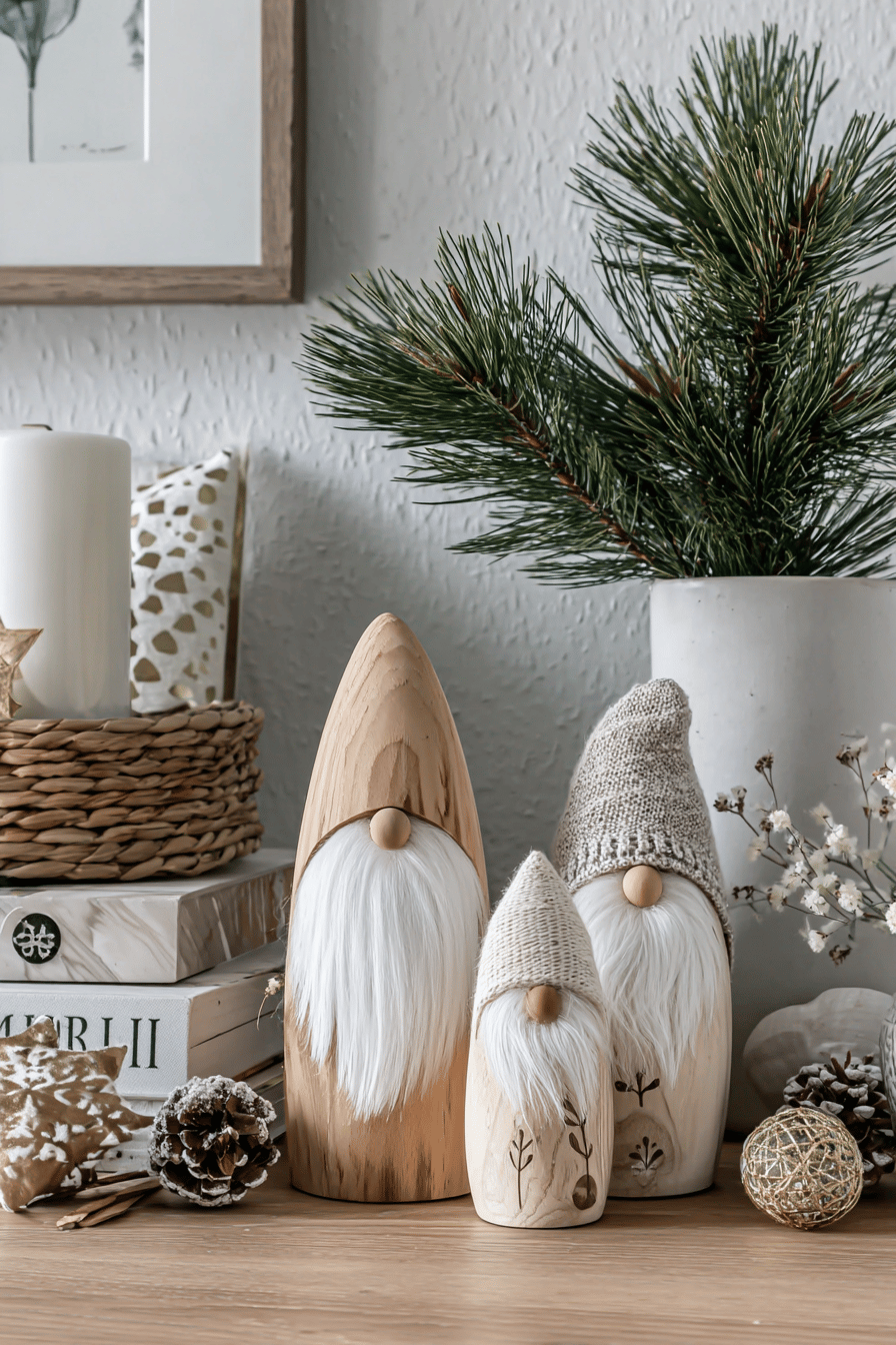 Drei handgemachte Weihnachtsmänner aus Holz mit weißen Bärten und Mützen, dekorativ arrangiert auf einem Tisch neben Kerzen und Tannenzweigen