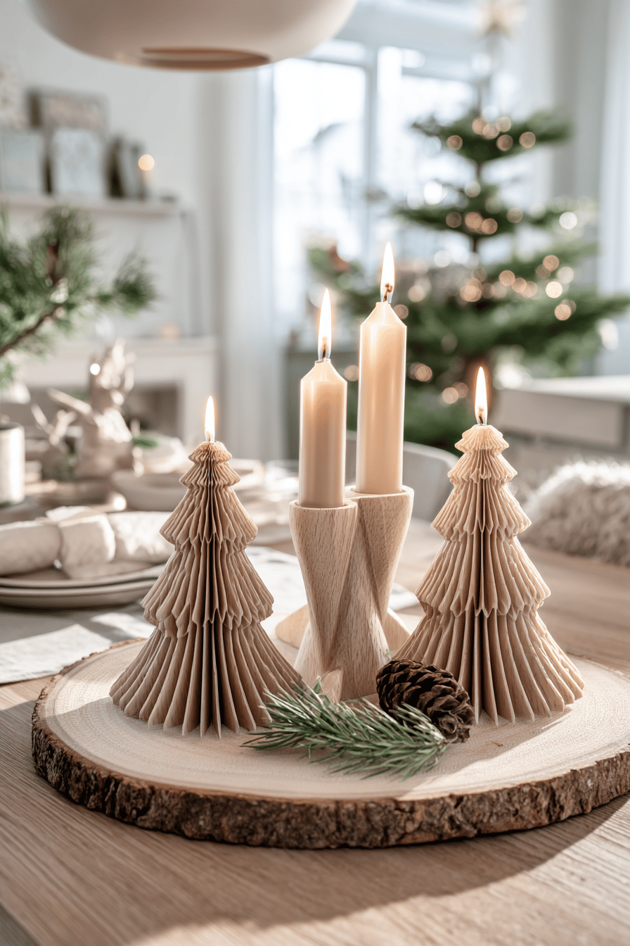 Drei schlanke Holzkerzenhalter mit brennenden Kerzen auf einer Baumscheibe, flankiert von gefalteten Papierbäumen