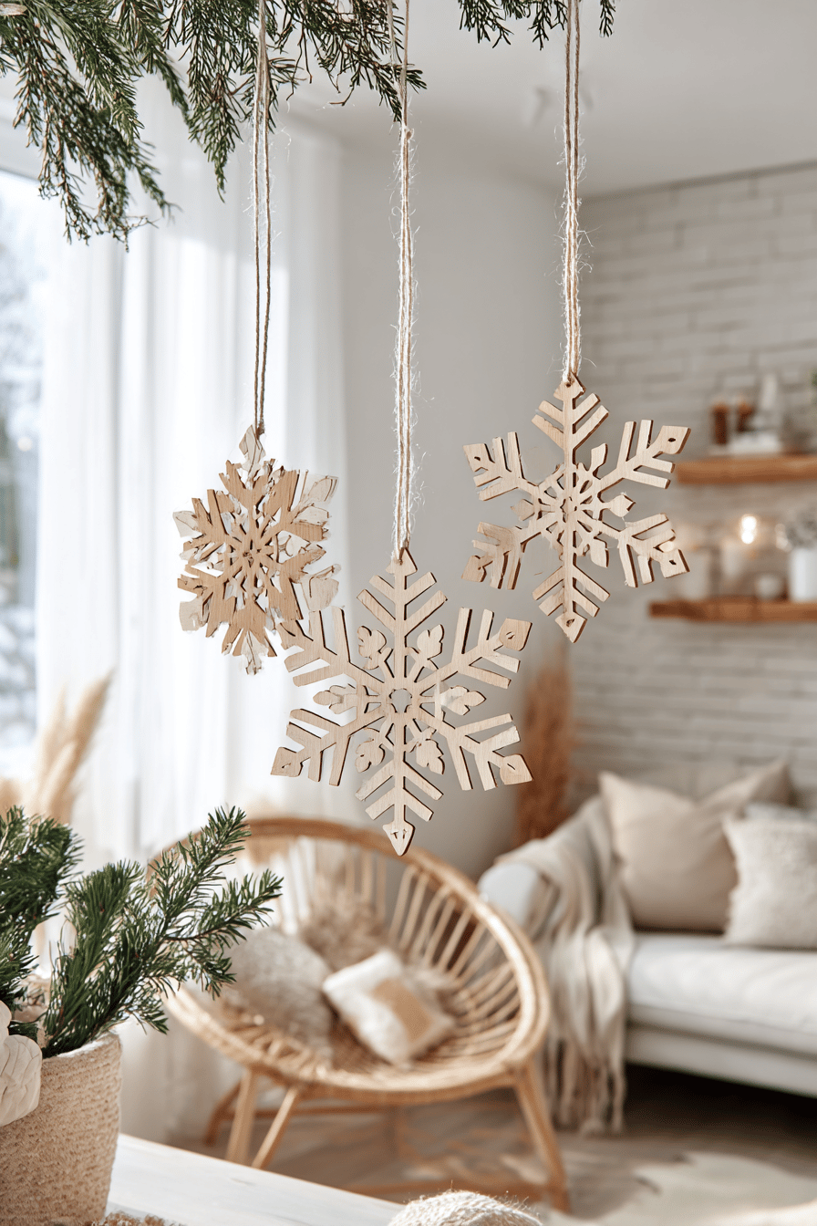 Drei dekorative Schneeflocken aus Holz hängen als Weihnachtsdeko im Wohnzimmer.