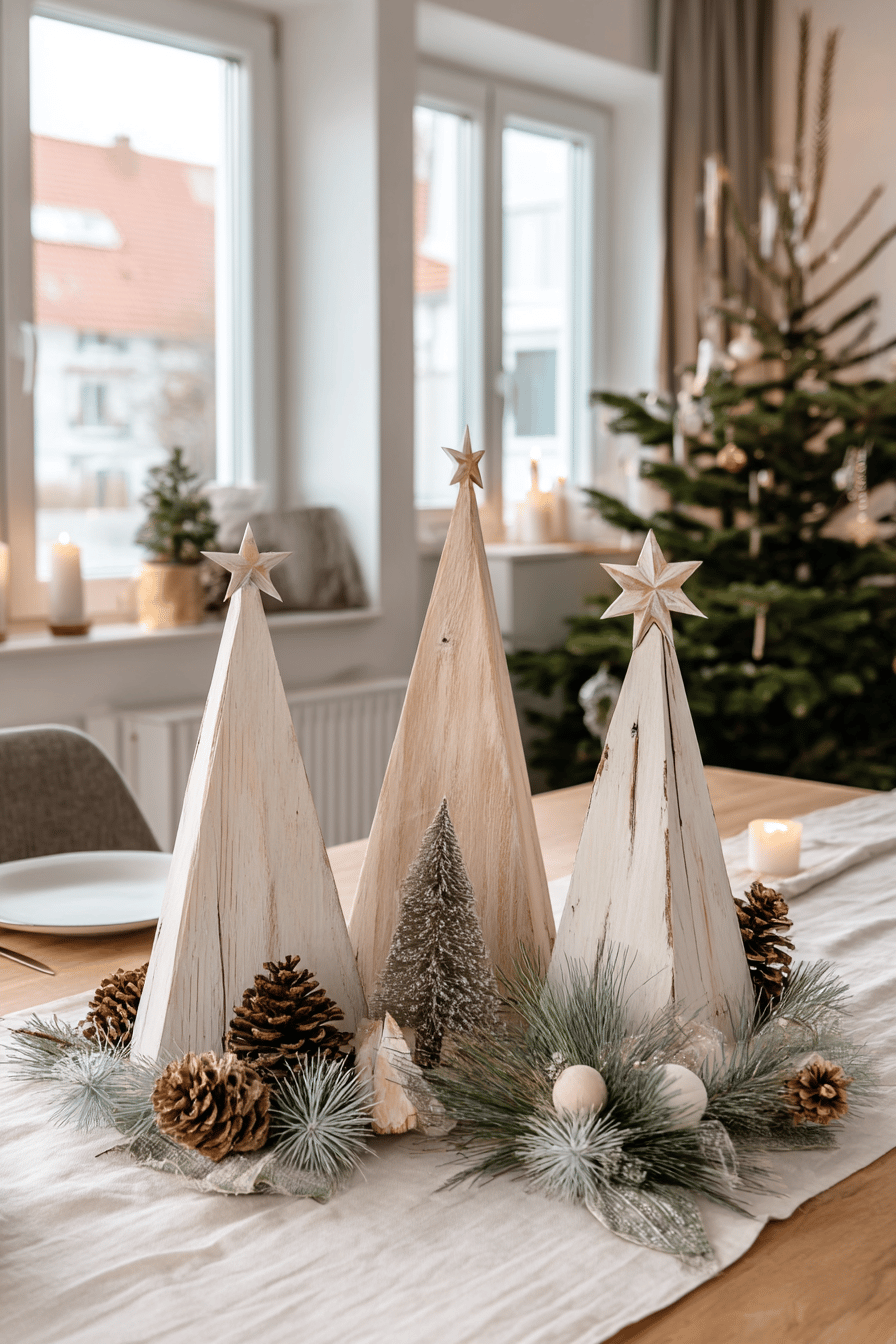 Drei rustikale Holztannenbäume mit Sternen als weihnachtliche Tischdekoration, umgeben von Tannenzweigen und Zapfen.