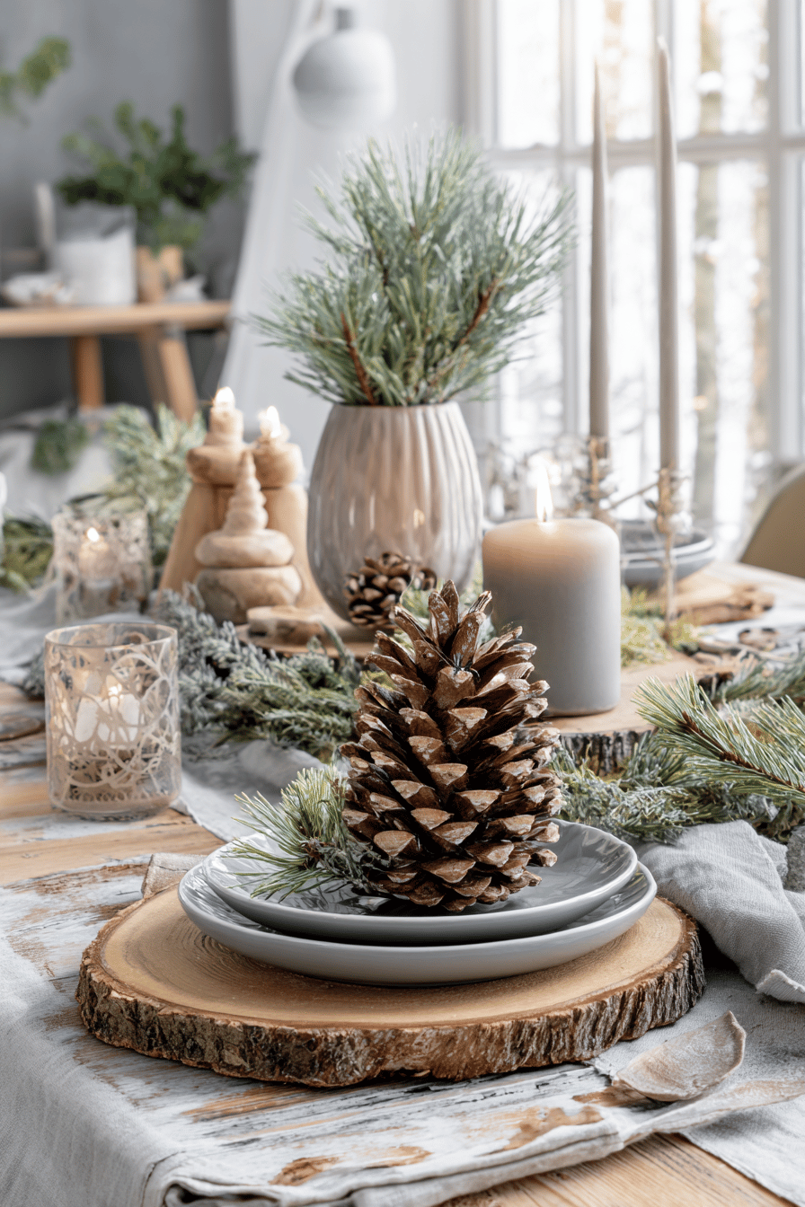 Weihnachtlich gedeckter Tisch mit Holztellern, Tannenzapfen, Kerzen und grüner Zweigdeko
