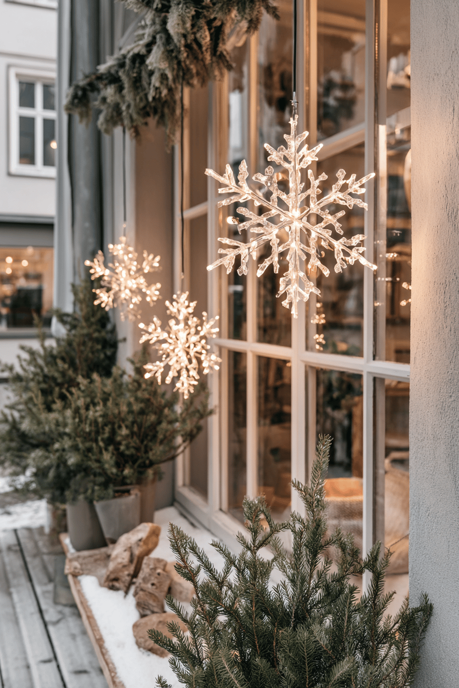 Leuchtende Schneeflocken-Dekoration an einem winterlich geschmückten Fenster mit Tannen und Naturmaterialien