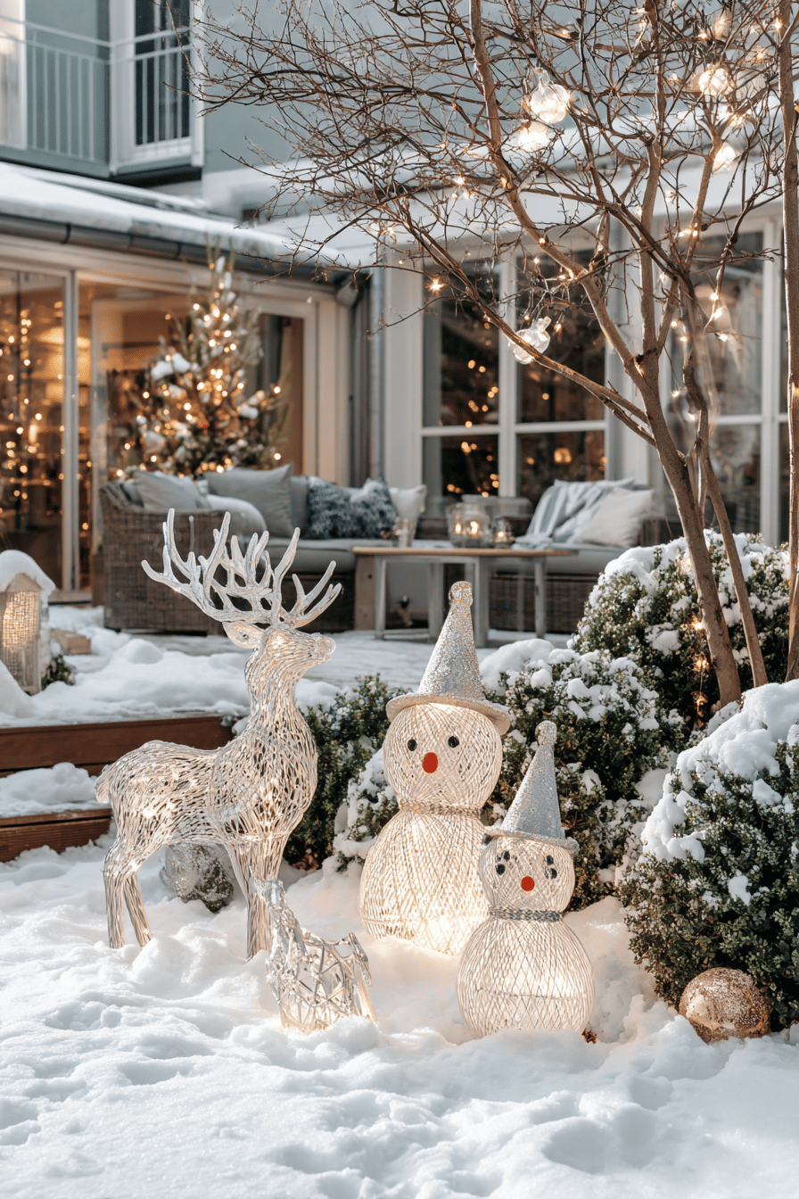 Ein verschneiter Garten mit beleuchteten Rentier- und Schneemannfiguren vor einem festlich geschmückten Haus