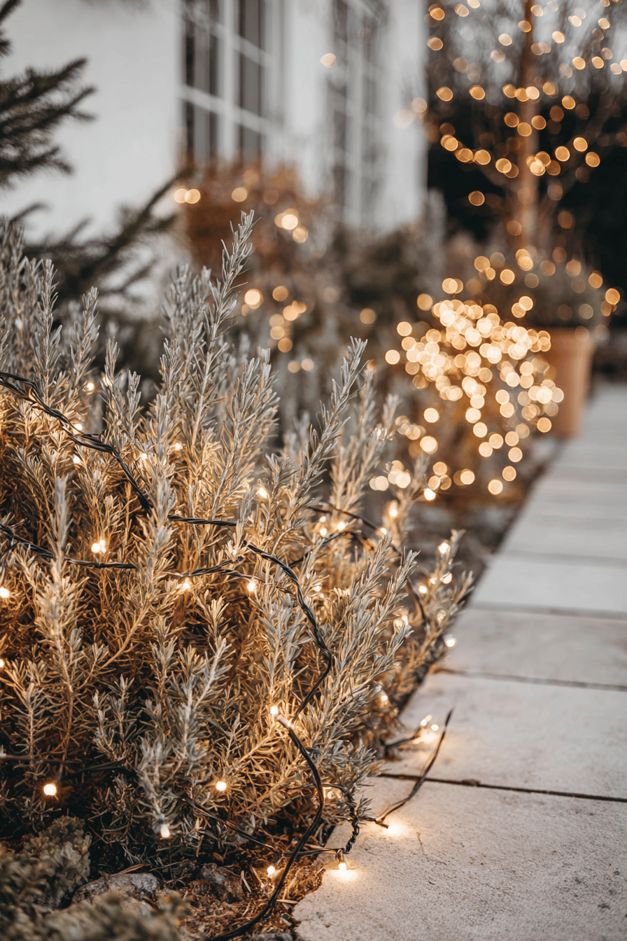 Weihnachtlich beleuchtete Sträucher mit warmweißen Lichtern entlang eines Gartenwegs bei Dämmerung