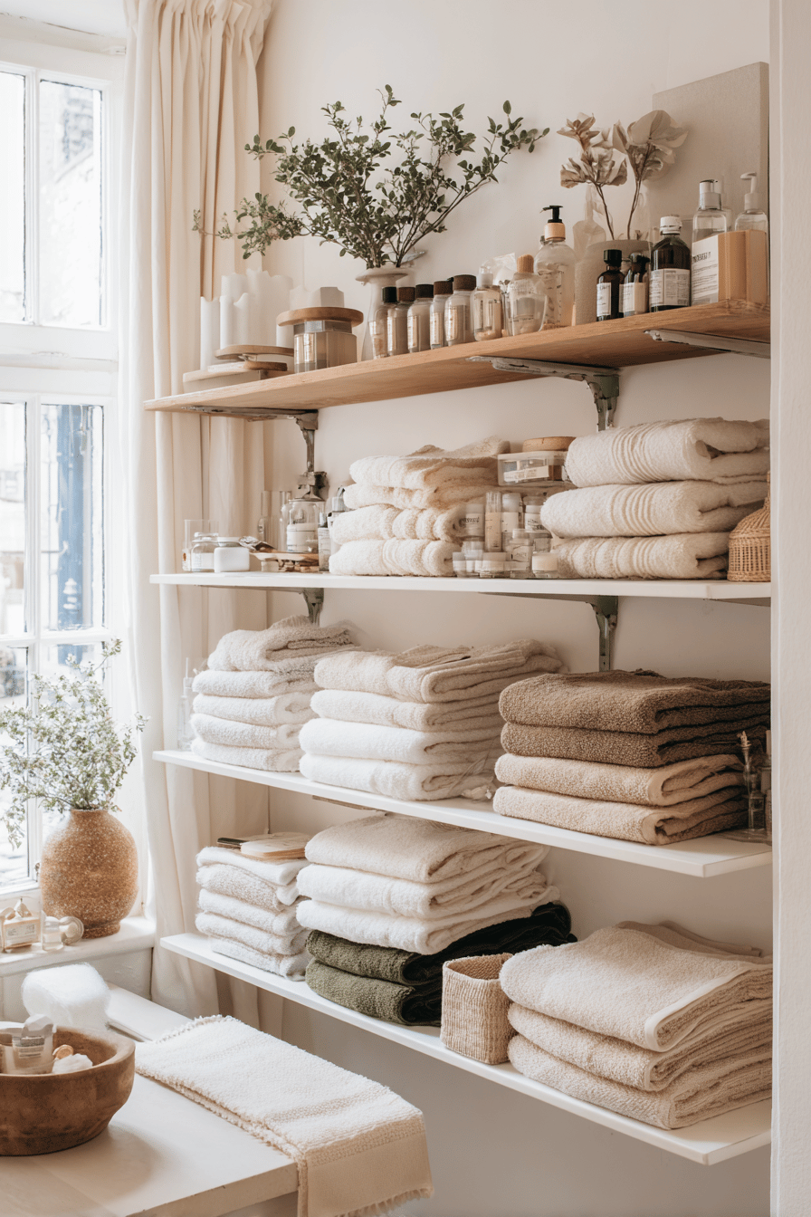 Offene Wandregale im skandinavischen Badezimmer mit ordentlich gefalteten Handtüchern, Pflegeprodukten und dekorativen Elementen
