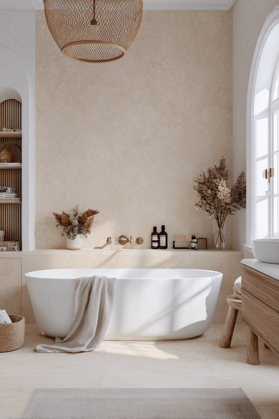 Modernes skandinavisches Badezimmer mit freistehender Badewanne und Natursteinwand