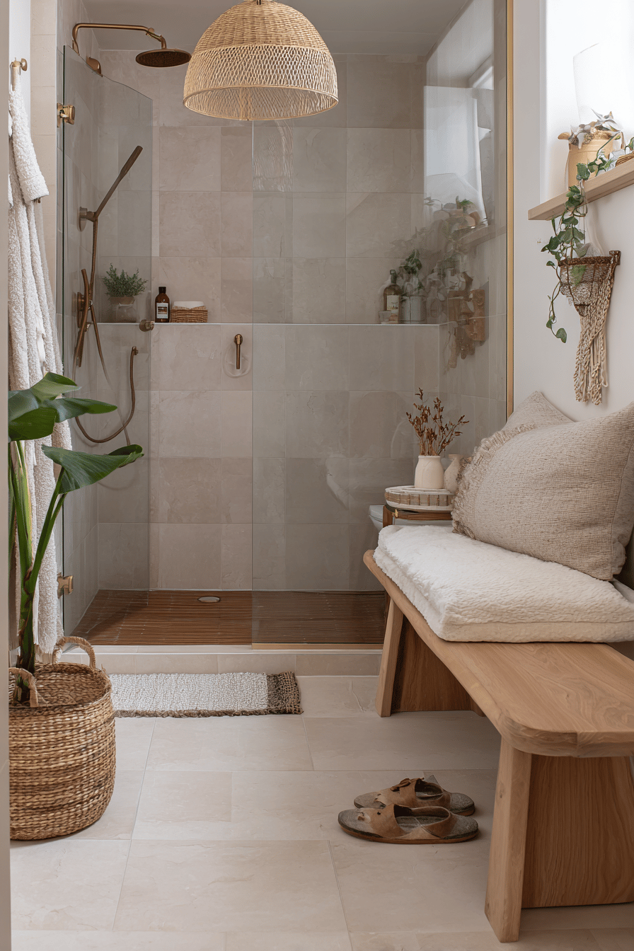 Skandinavisches Badezimmer mit offener Dusche, Holzbank und Naturdeko