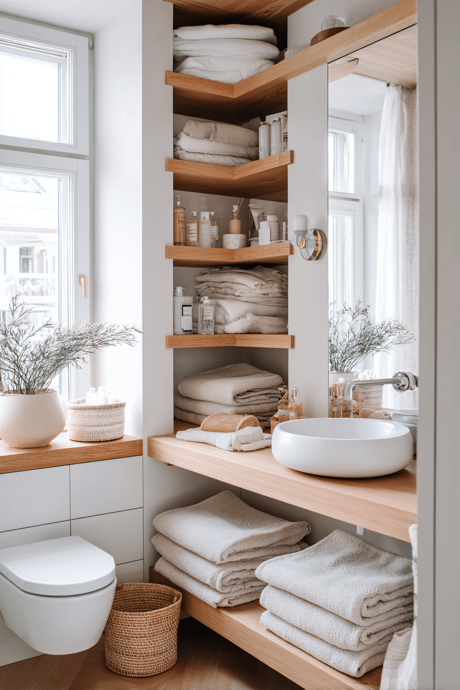 Skandinavisches Badezimmer mit offenen Regalen aus Naturholz, weißen Handtüchern und minimalistischer Deko.