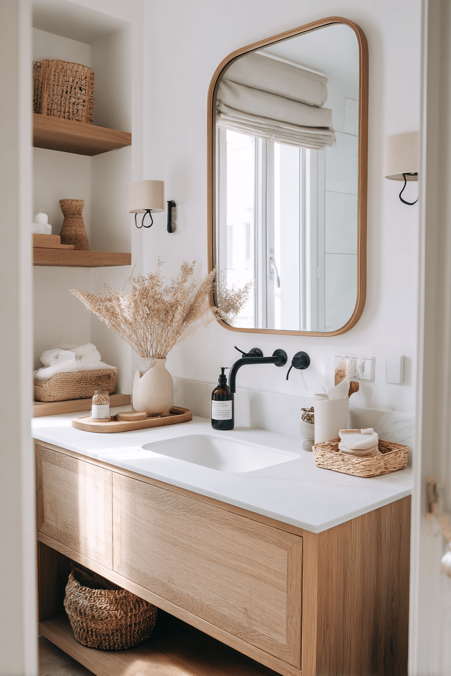 Waschbecken mit schwarzer Armatur, Holzunterschrank, Naturdeko und rundem Spiegel im skandinavischen Bad