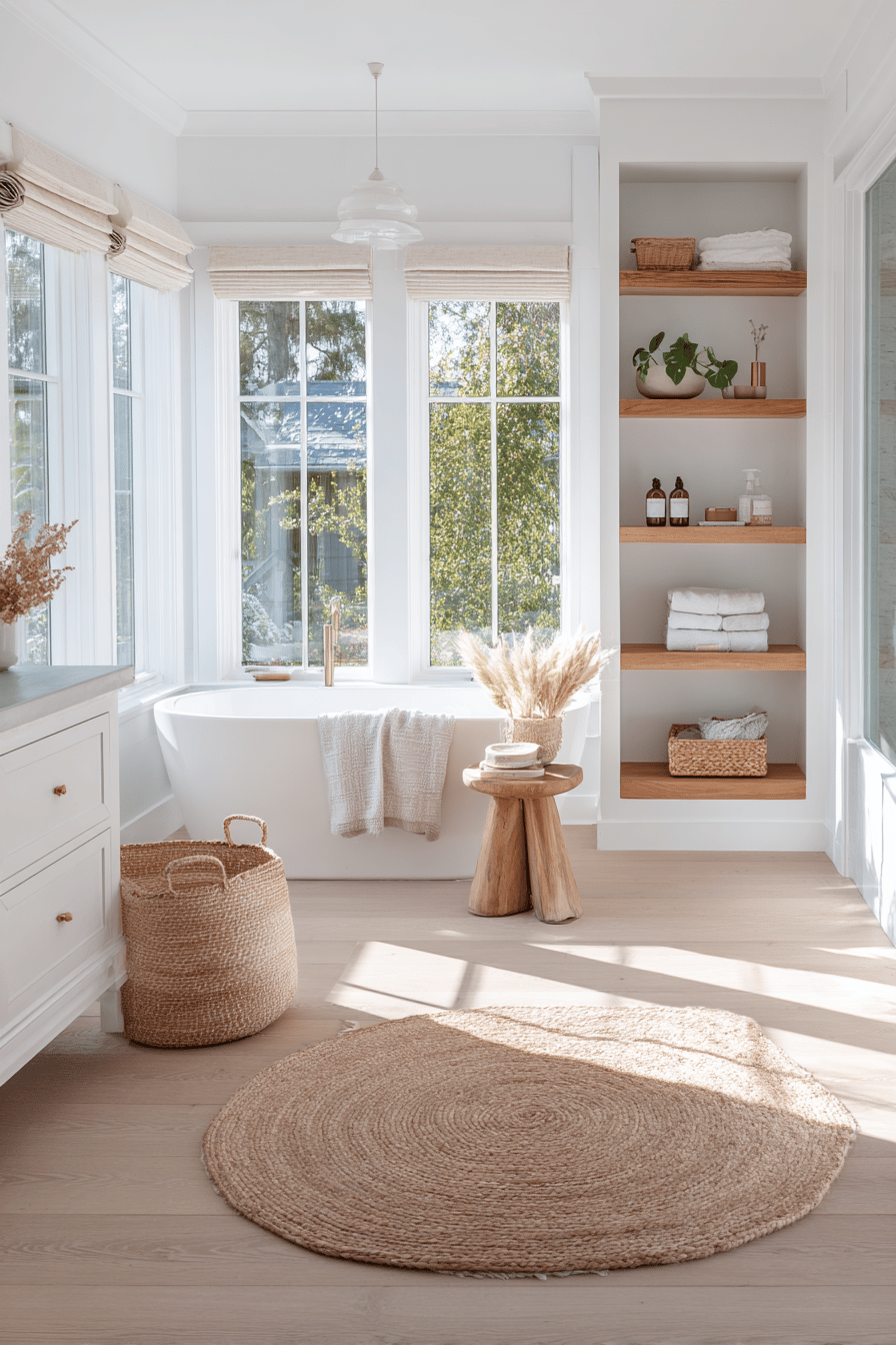 Helles skandinavisches Badezimmer mit freistehender Wanne vor großen Fenstern und natürlichen Holz- sowie Korbdetails