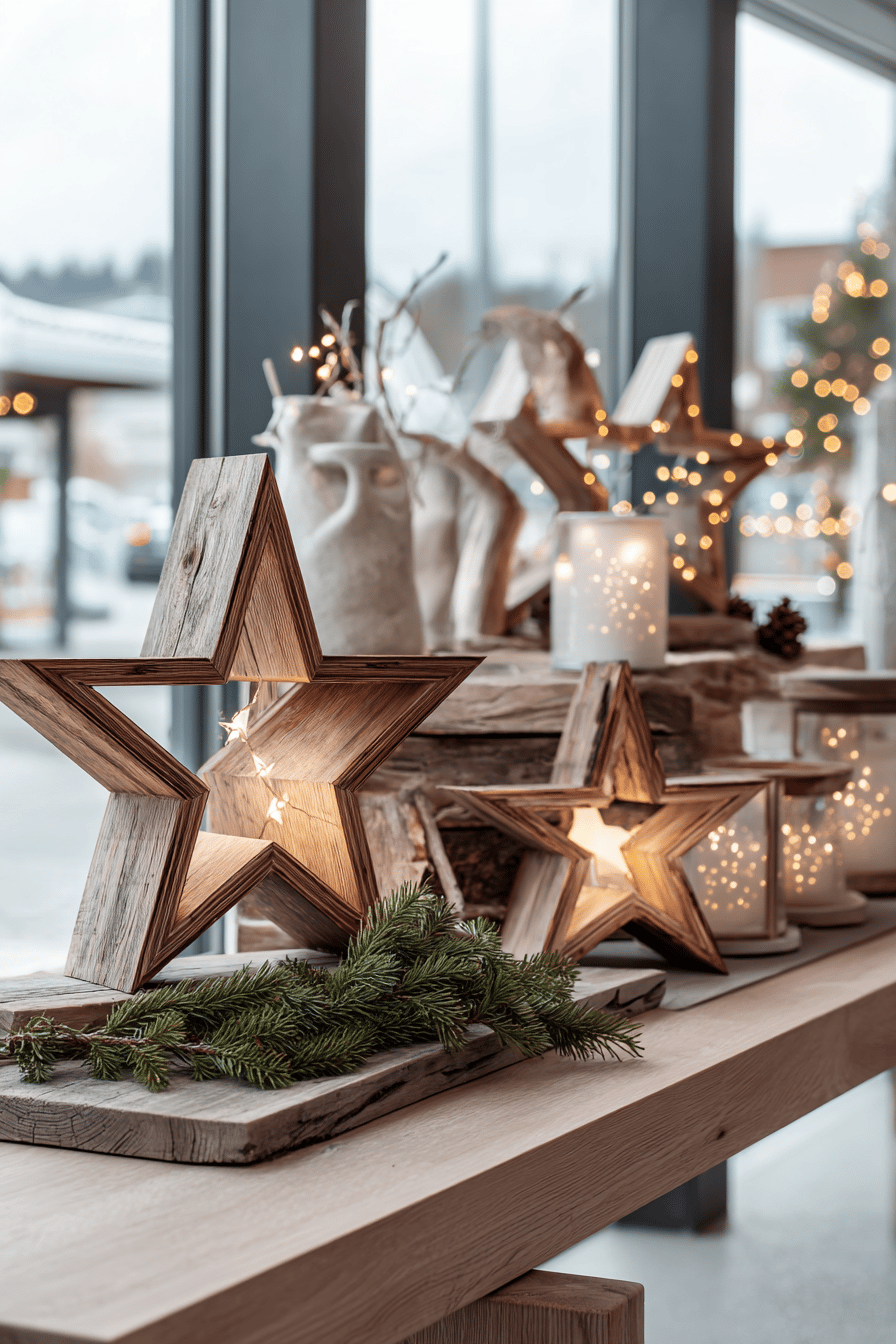Holzsterne mit integrierter Beleuchtung auf einem Tisch mit Tannenzweig dekoriert