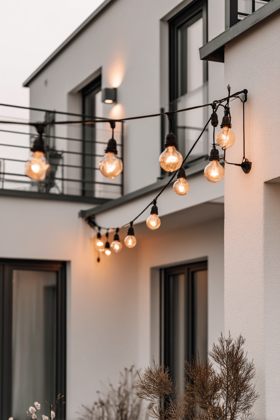 Außenaufhängung von warm leuchtenden LED-Lichterketten an einer modernen Hausfassade