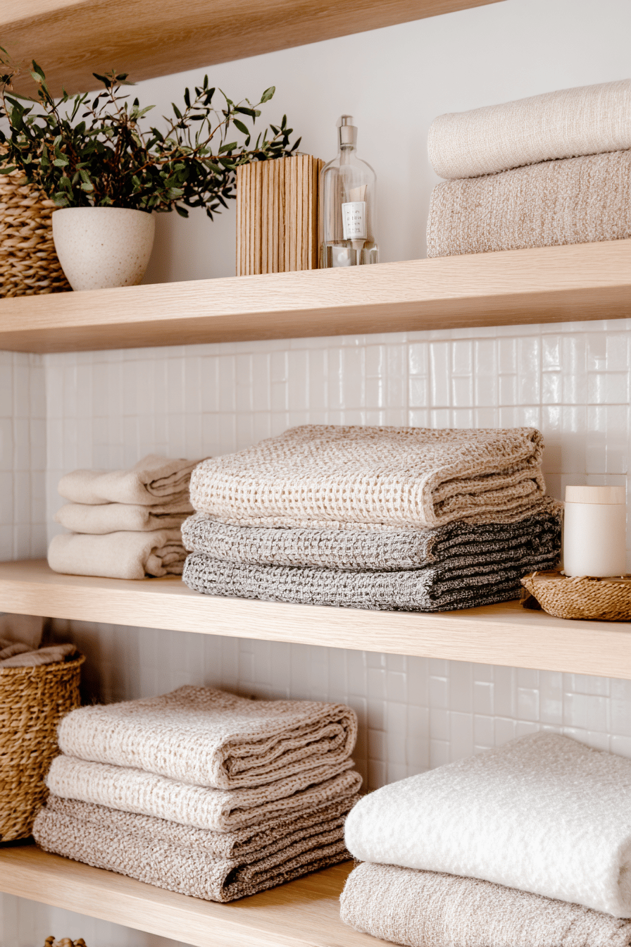 Gefaltete Handtücher in neutralen Naturtönen auf offenen Holzregalen im Badezimmer