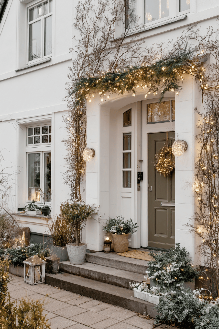 Mit warmweißen LEDs beleuchteter Hauseingang mit winterlicher Dekoration