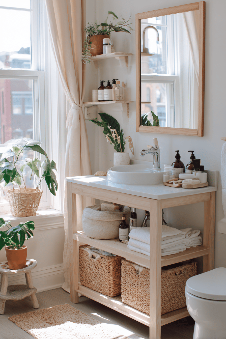 Waschtisch aus hellem Holz mit runder Aufsatzwaschschale, Naturdeko und Körben in einem skandinavischen Badezimmer