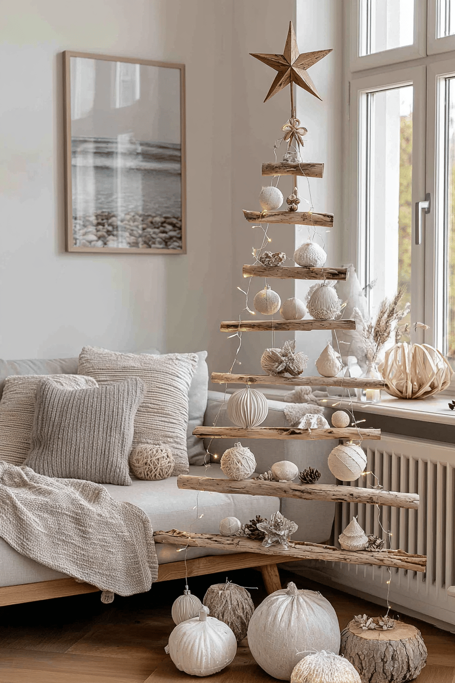 Dekorativer Weihnachtsbaum aus Ästen mit weißen Kugeln und Lichterkette in einem gemütlichen Wohnzimmer