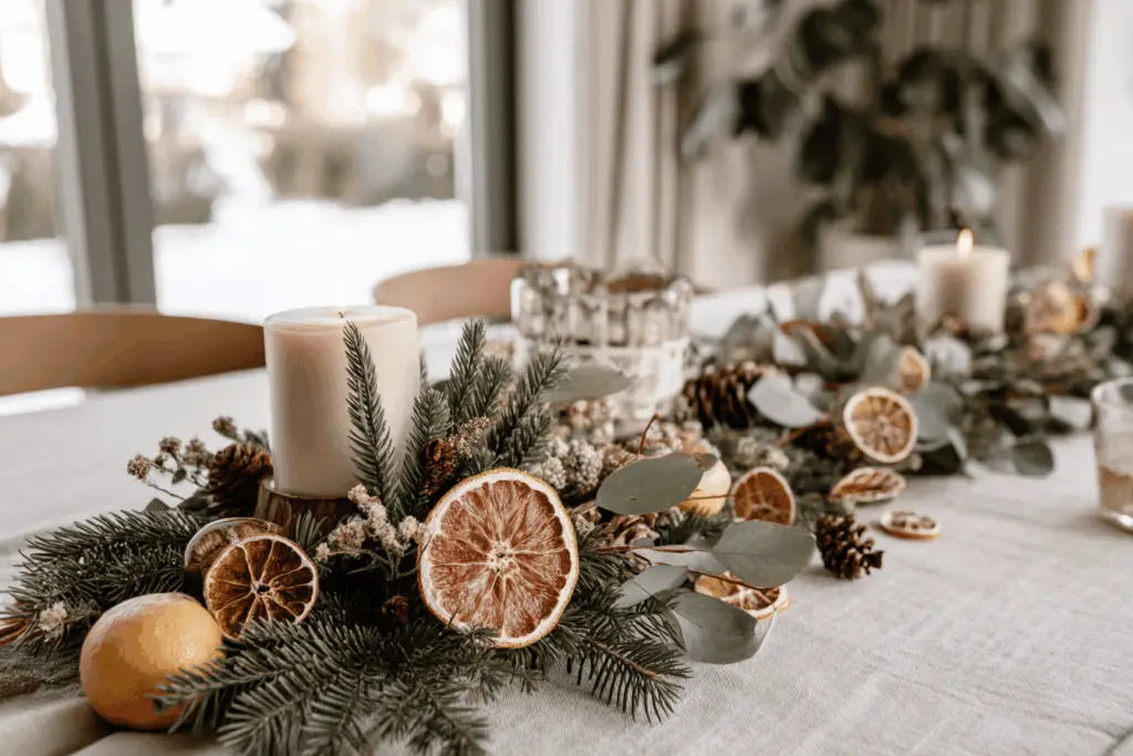 Weihnachtliche Tischdekoration mit Kerzen, Tannenzweigen und getrockneten Zitrusfrüchten