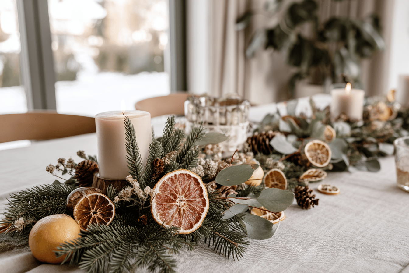 Weihnachtliche Tischdekoration mit Kerzen, Tannenzweigen und getrockneten Zitrusfrüchten