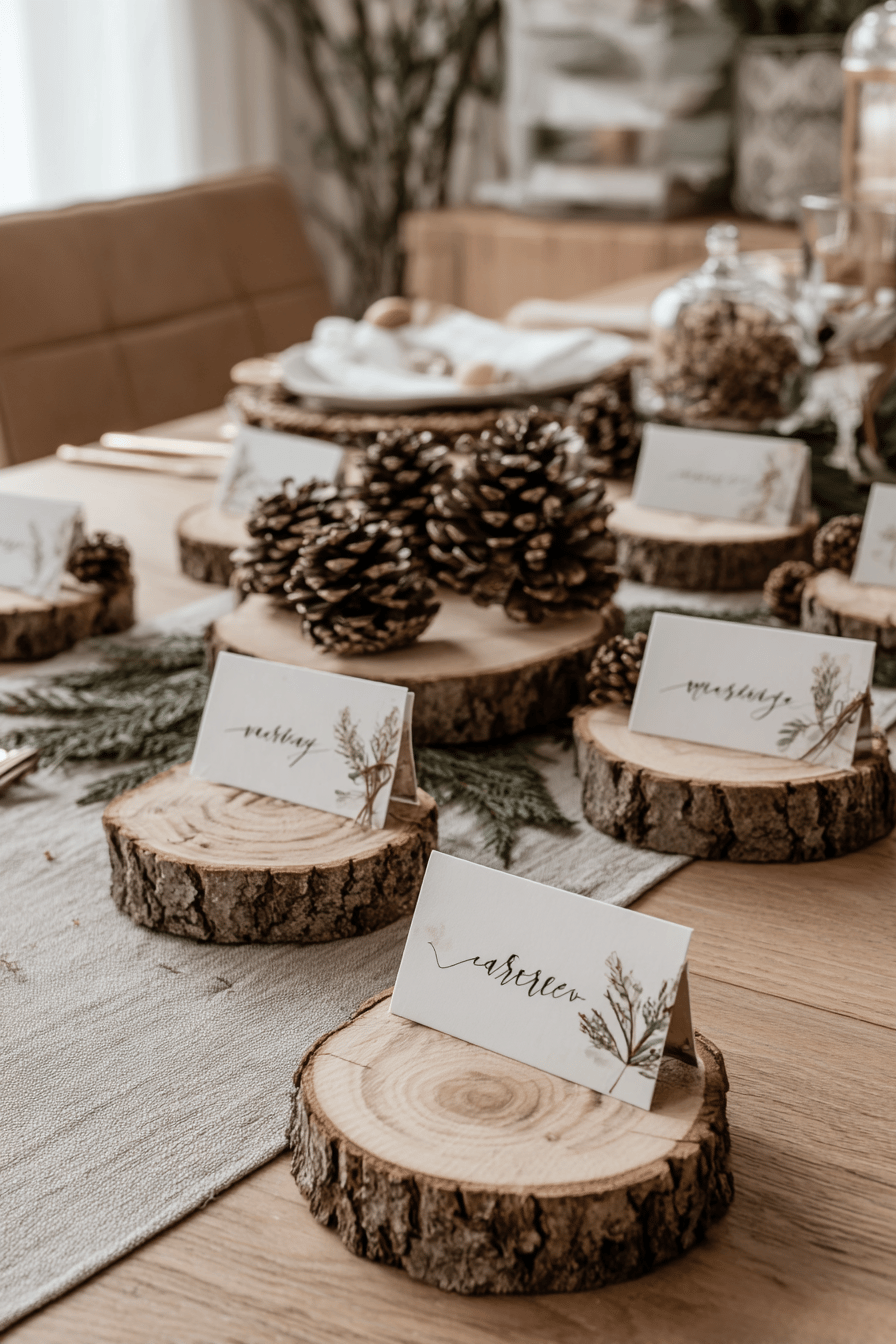 Rustikale Tischdekoration mit Holzscheiben, Tannenzapfen und individuellen Tischkarten.